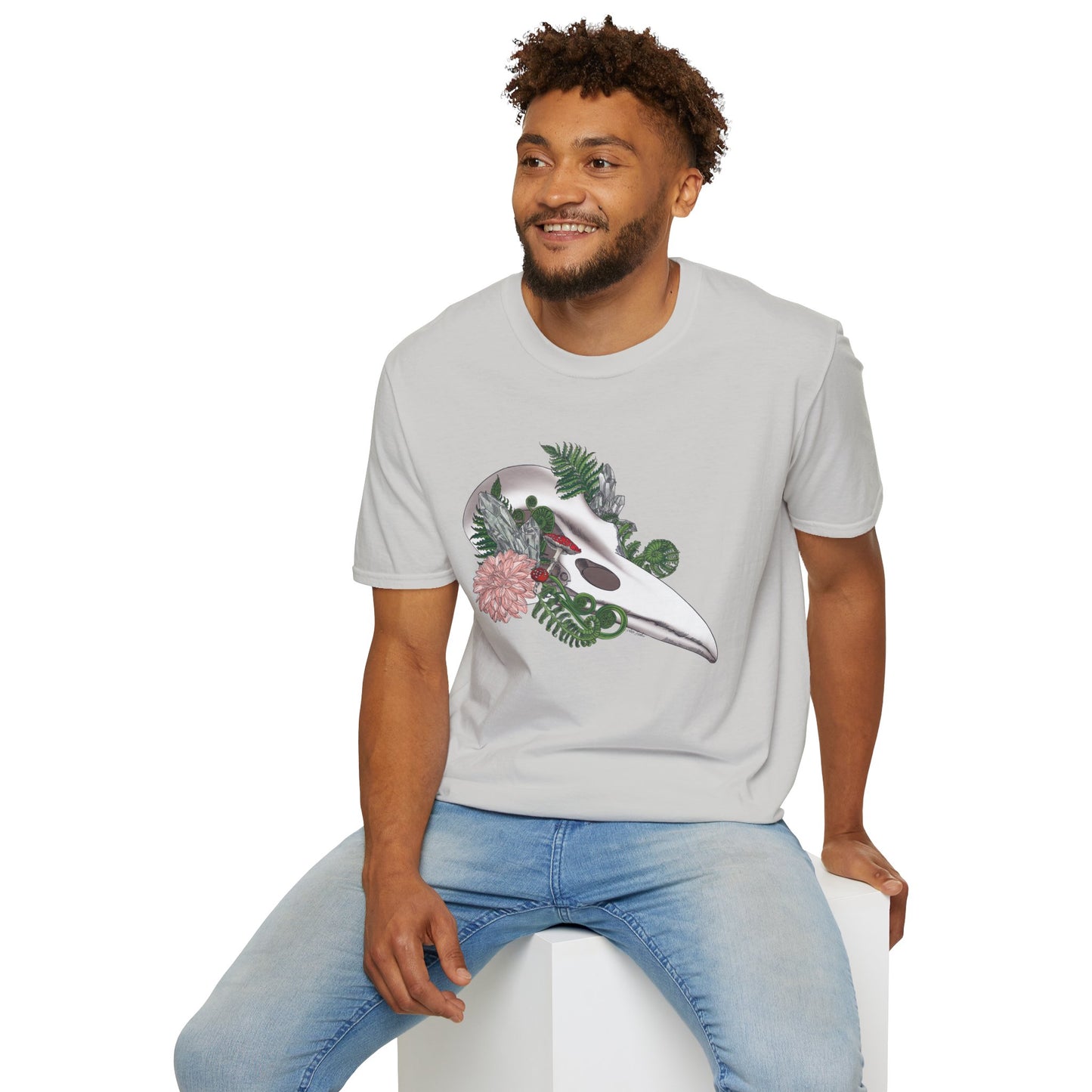 Bohemian Skull Floral T-Shirt, Unisex Softstyle Tee, Casual Wear, Nature Lover Gift, Unique Graphic Tee, Eco-Friendly Shirt