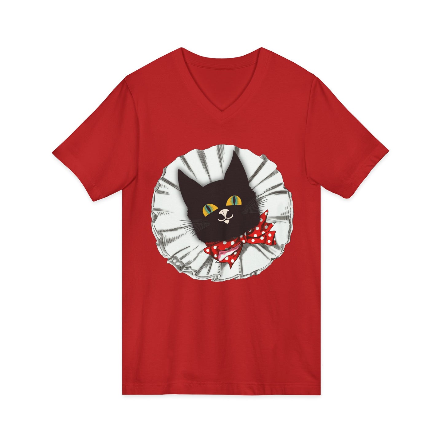 Vintage Black Cat Tee — Cute Cat Face with Red Polka Dot Bow V-Neck T-Shirt