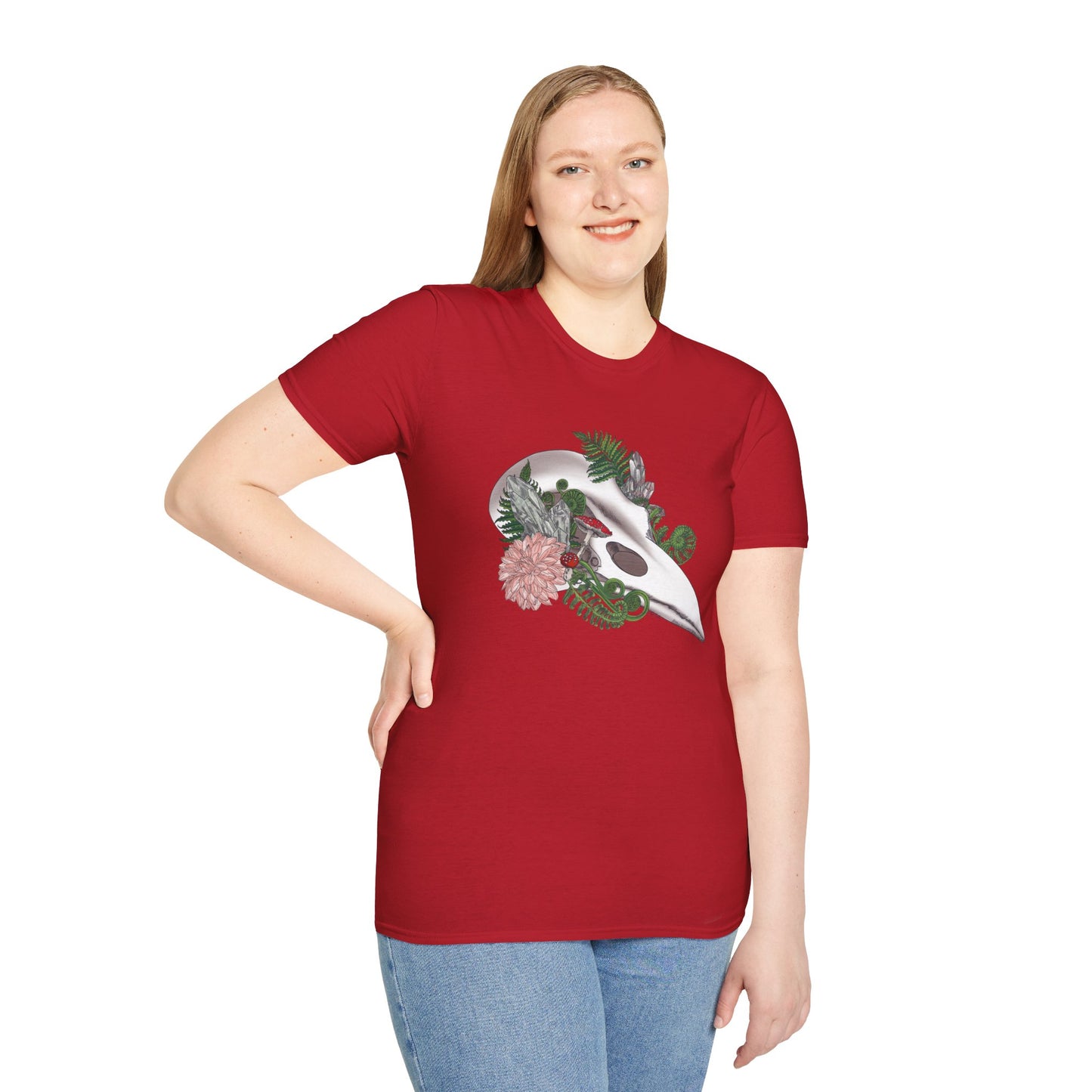 Bohemian Skull Floral T-Shirt, Unisex Softstyle Tee, Casual Wear, Nature Lover Gift, Unique Graphic Tee, Eco-Friendly Shirt