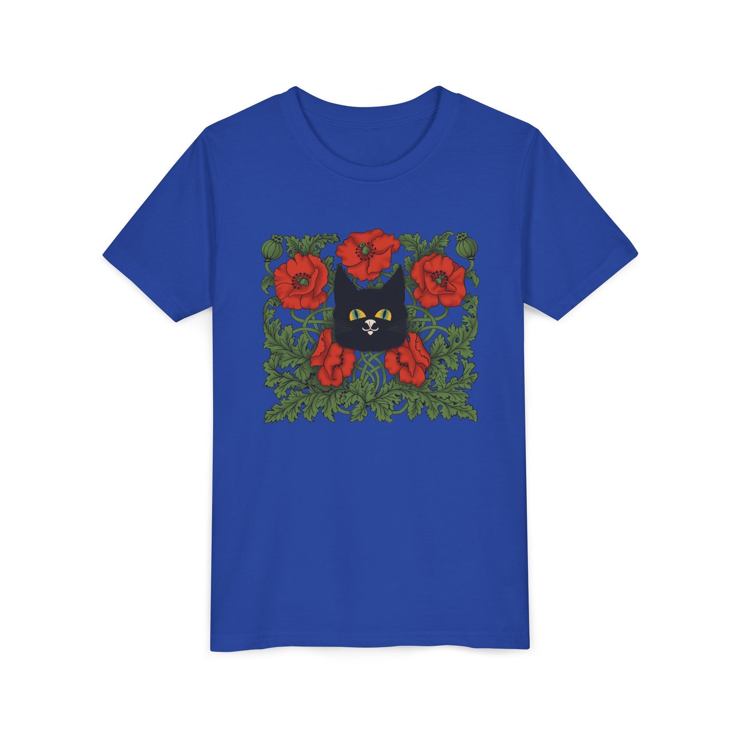 Black Cat Poppies Floral Youth Tee — Black Cat with Red Poppies Kids Shirt