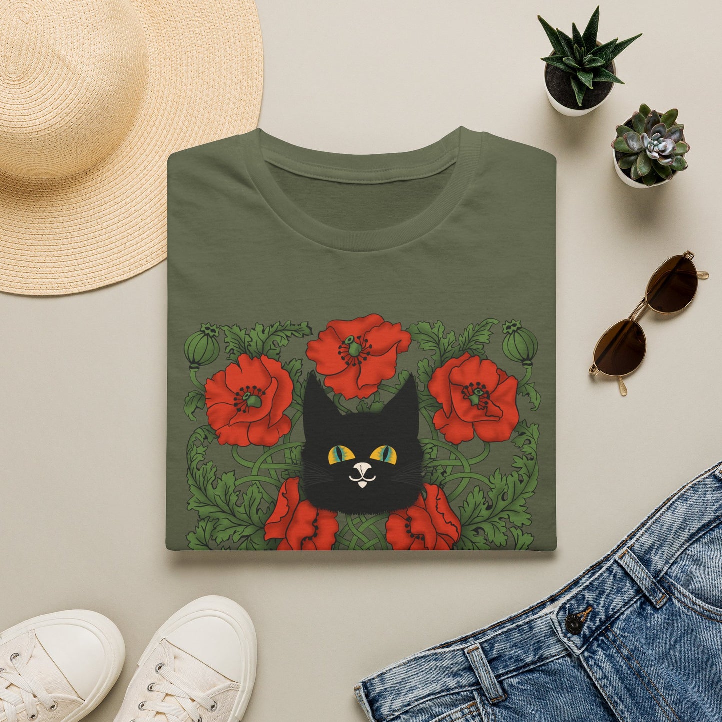 Black Cat & Red Poppies T-Shirt