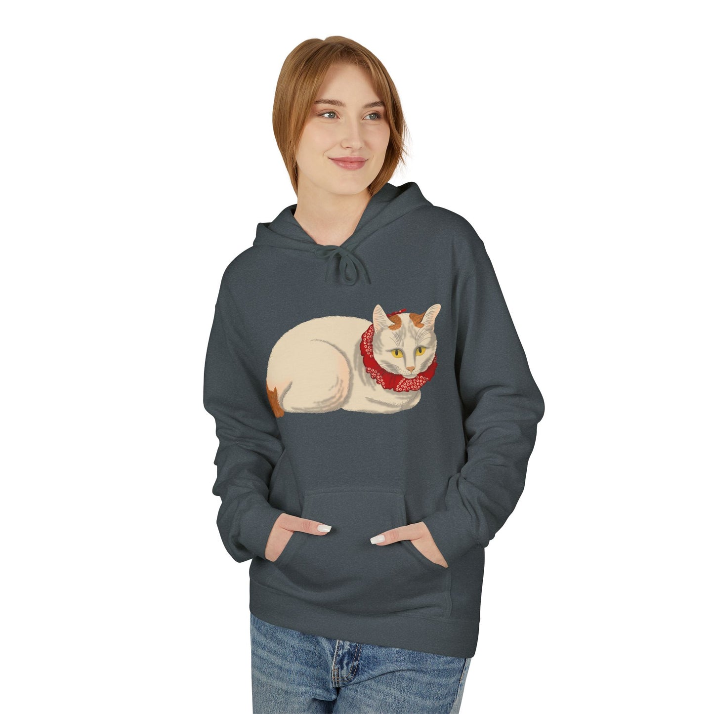Cozy Red-Scarf Cat Hoodie — Cute Cream Cat Graphic Pullover