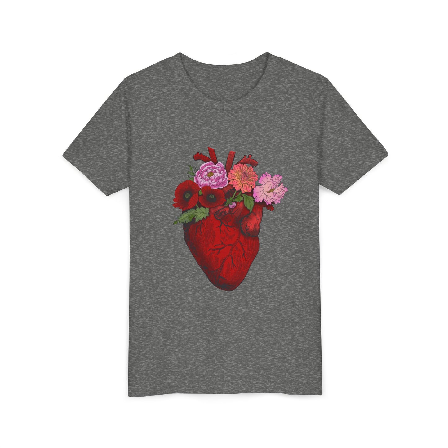 Floral Heart Youth Tee — Floral Anatomical Heart Graphic Kids T-Shirt