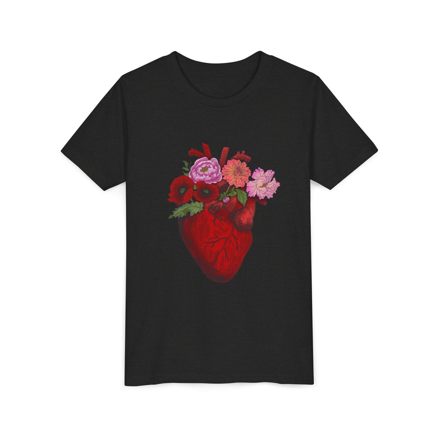 Floral Heart Youth Tee — Floral Anatomical Heart Graphic Kids T-Shirt