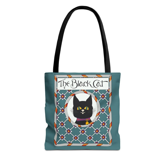 The Black Cat Teal Tote Bag — Vintage Art Nouveau Cat Shopper
