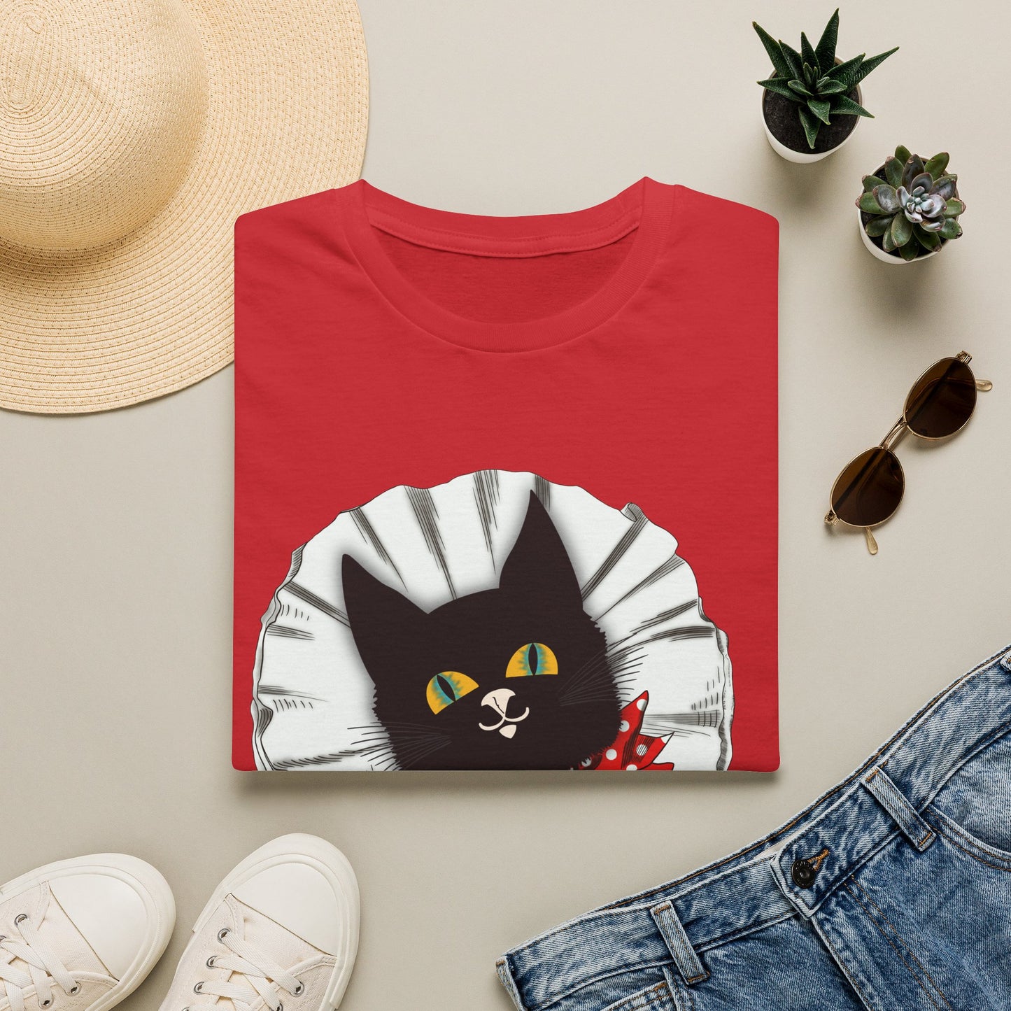 Black Cat Clown Portrait T‑Shirt — Cute Cat Face with Red Bow Graphic Tee