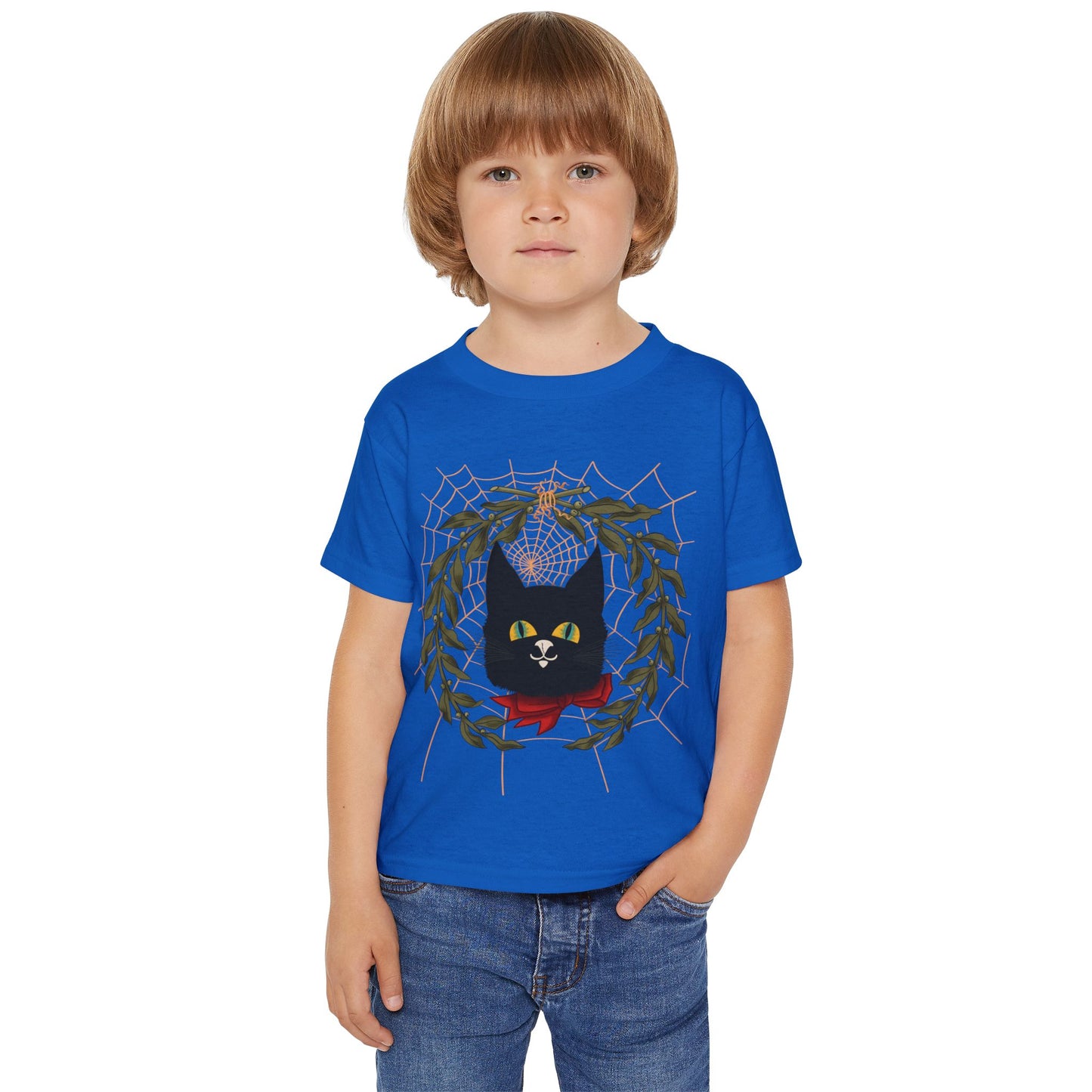 Toddler T‑Shirt — Black Cat Wreath with Web Tee (Cute Halloween)