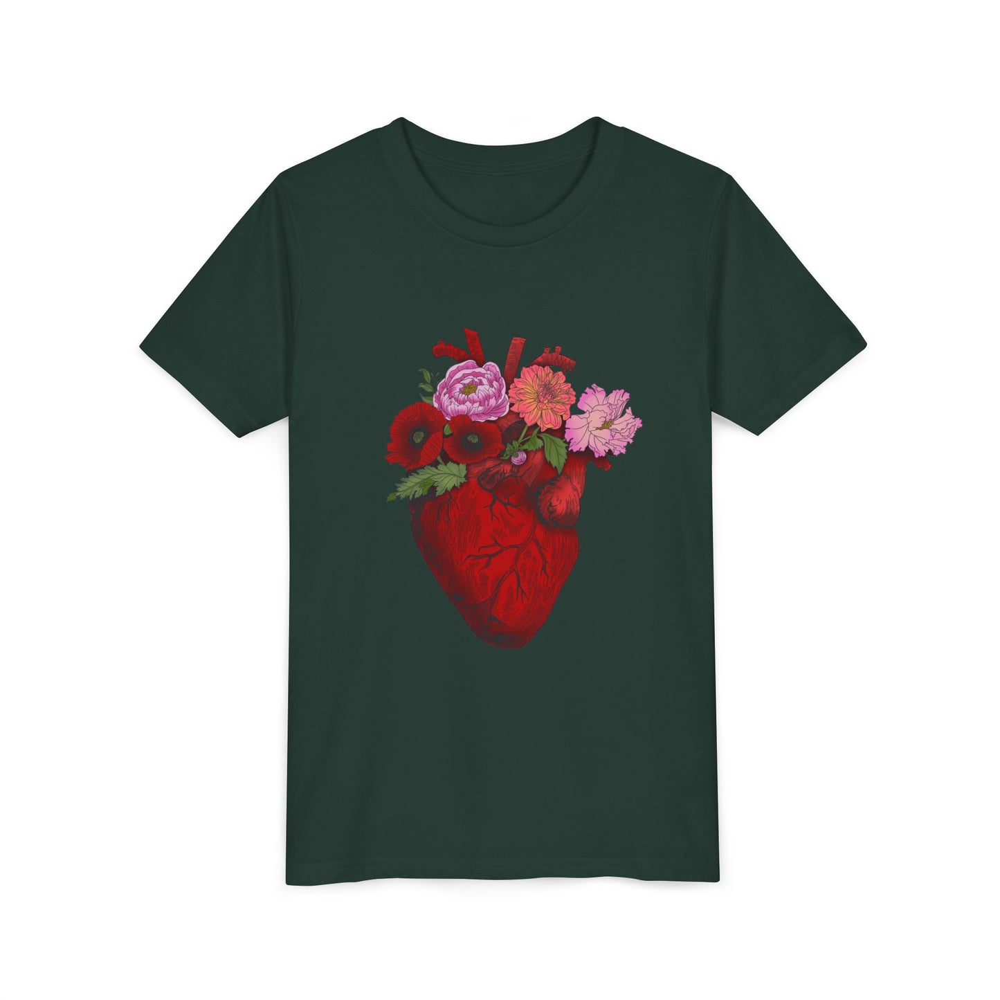 Floral Heart Youth Tee — Floral Anatomical Heart Graphic Kids T-Shirt