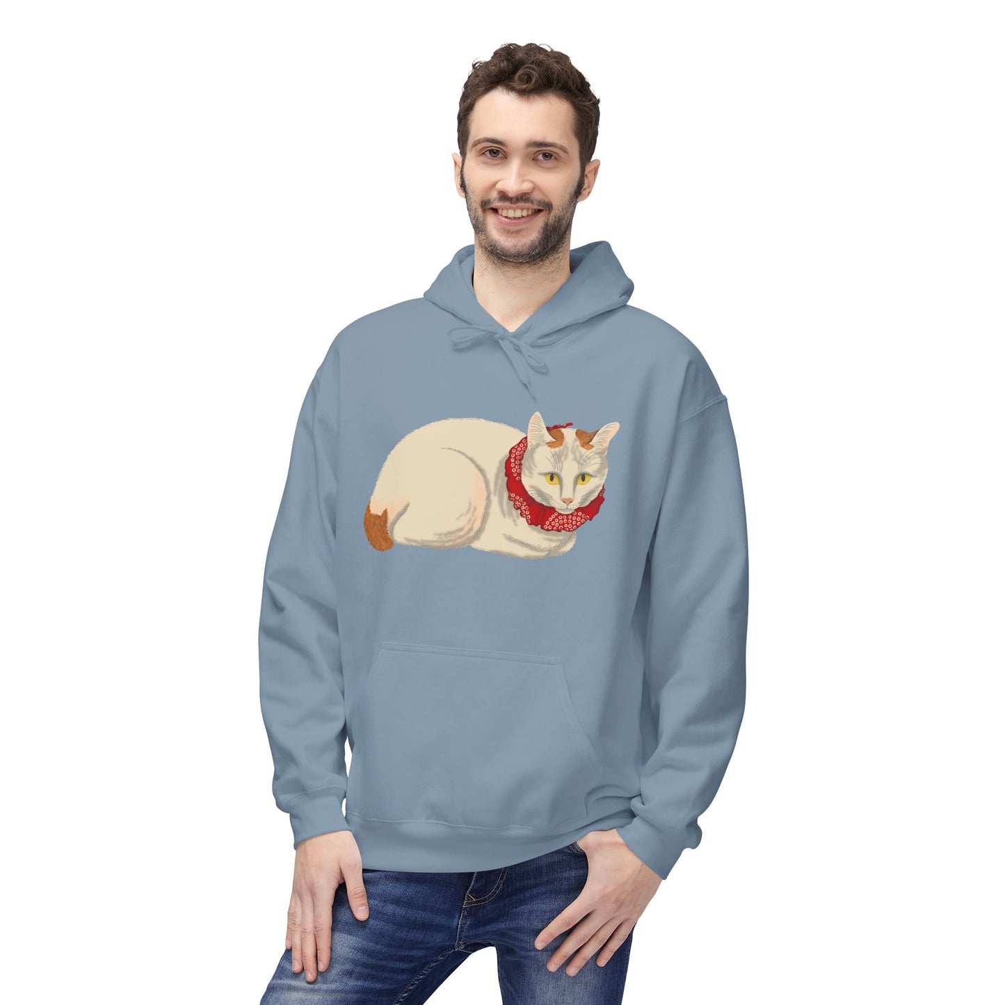 Cozy Red-Scarf Cat Hoodie — Cute Cream Cat Graphic Pullover