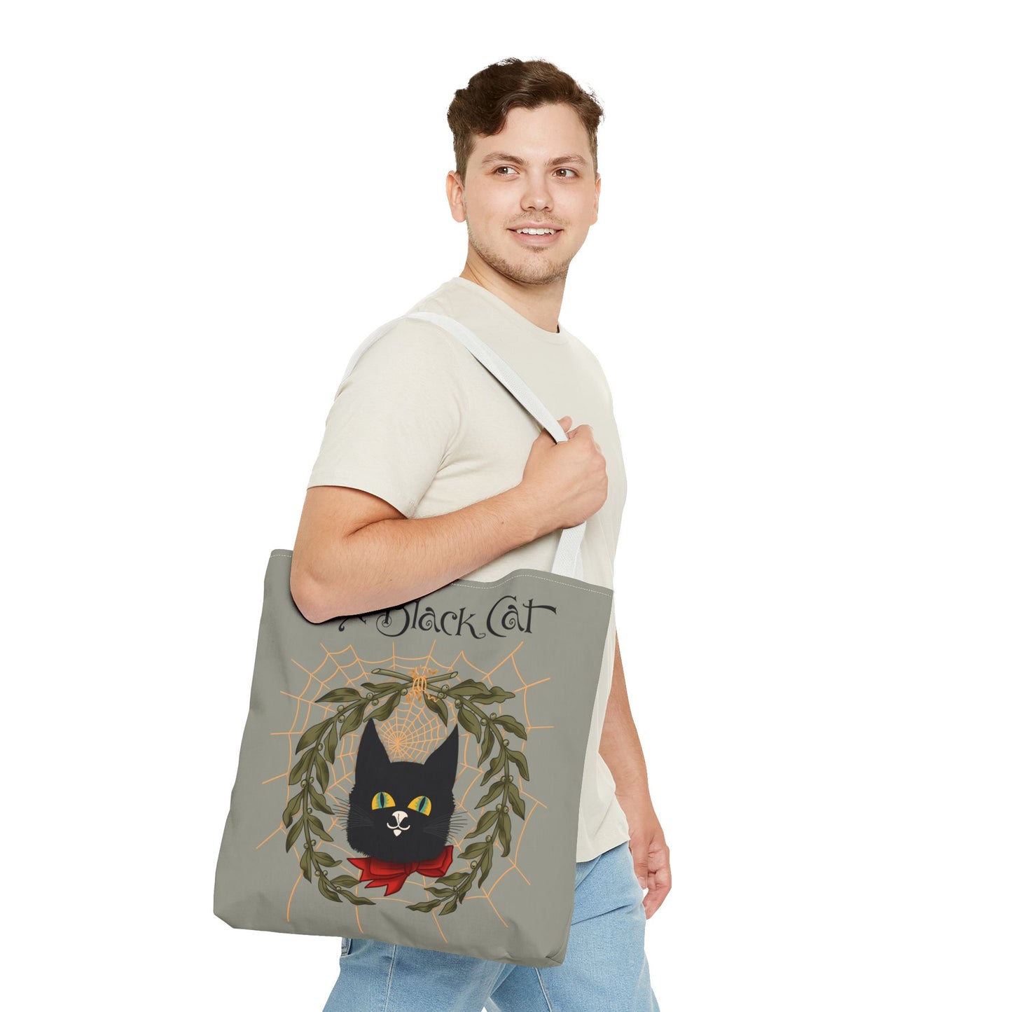 The Black Cat Web Tote Bag — Vintage Witchy Cat Holiday Grocery Tote