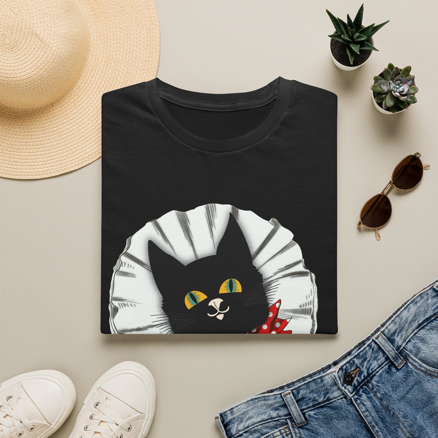 Black Cat Clown Portrait T‑Shirt — Cute Cat Face with Red Bow Graphic Tee
