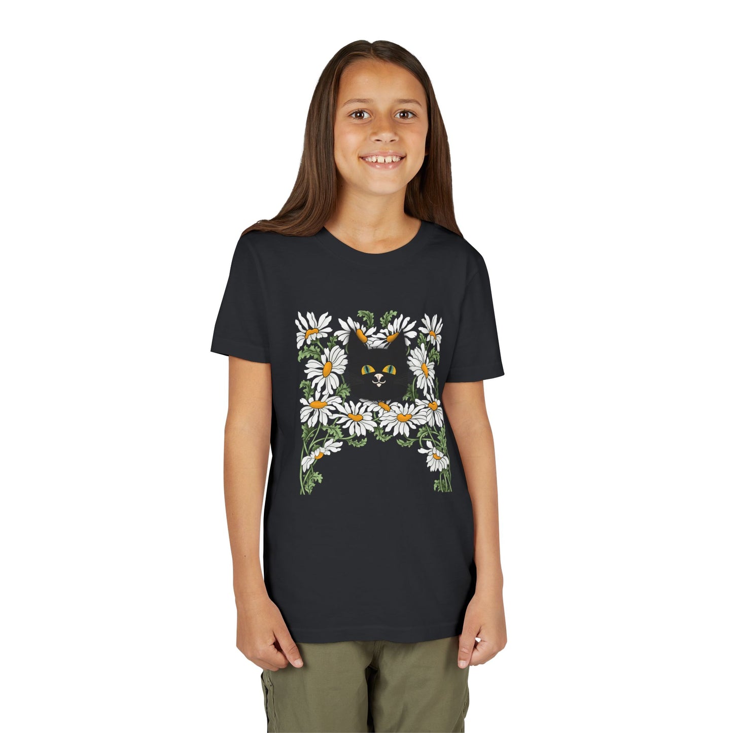 Daisies floral Youth Tee — Black Cat in Daisy Wreath Graphic