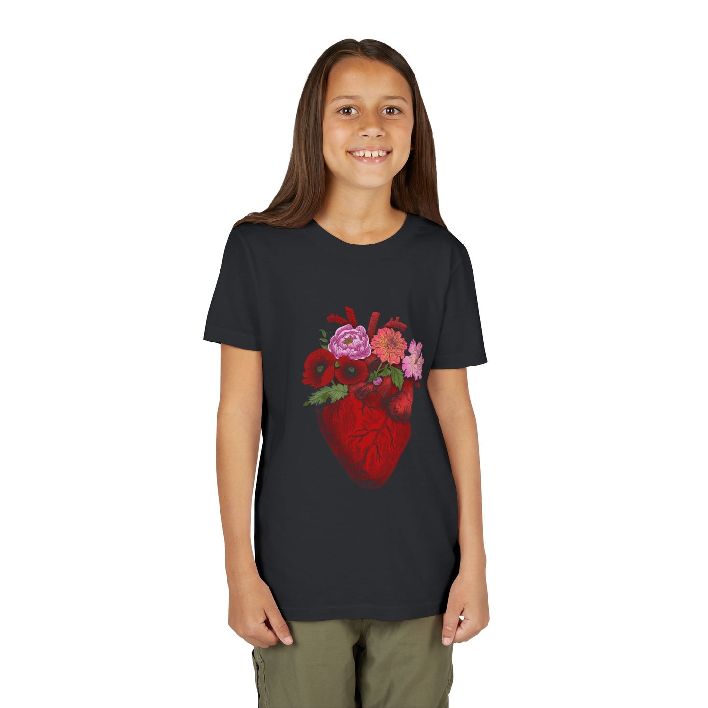 Floral Heart Youth Tee — Floral Anatomical Heart Graphic Kids T-Shirt