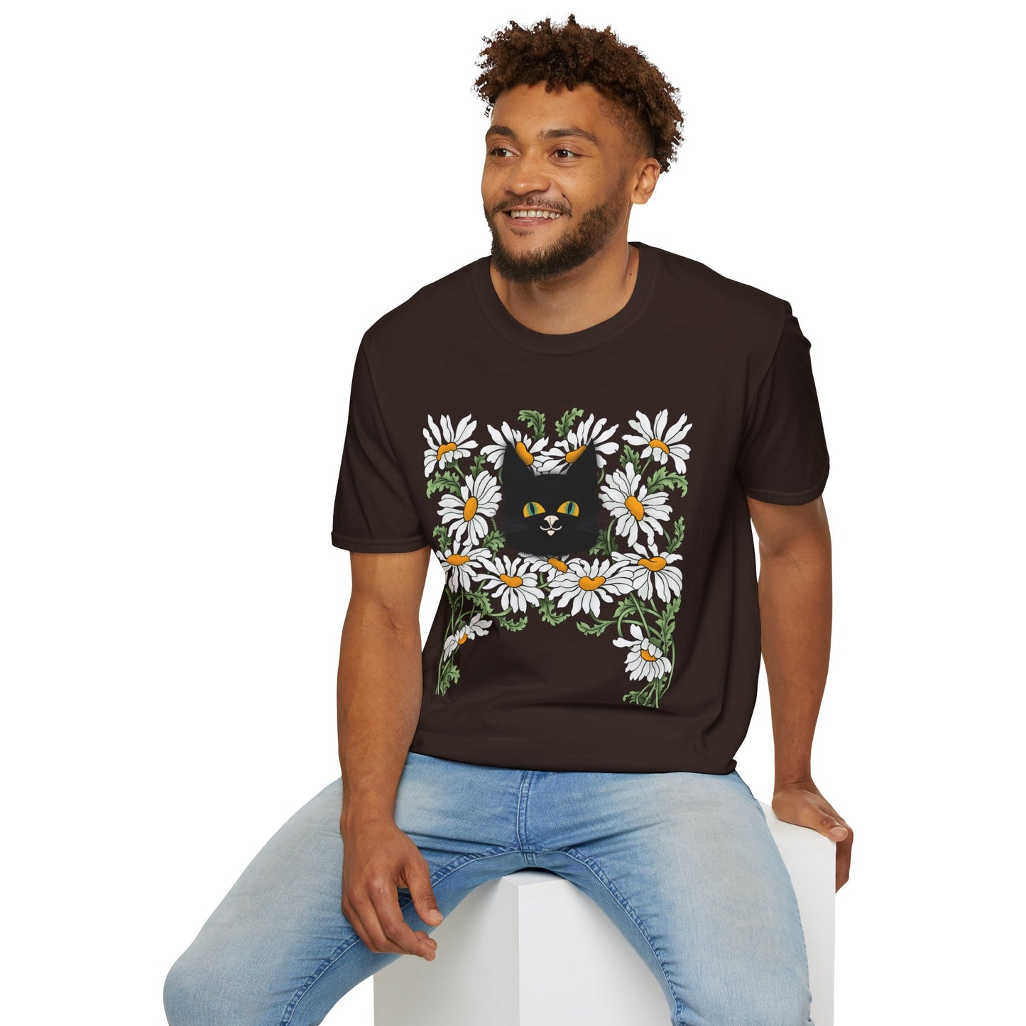 Black Cat & Daisies T‑Shirt — Cute Floral Cat Tee for Cat Lovers