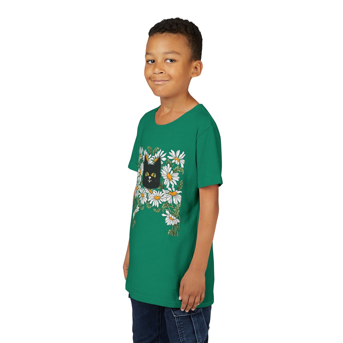Daisies floral Youth Tee — Black Cat in Daisy Wreath Graphic