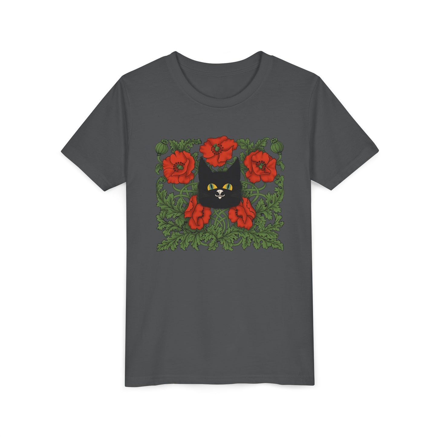 Black Cat Poppies Floral Youth Tee — Black Cat with Red Poppies Kids Shirt