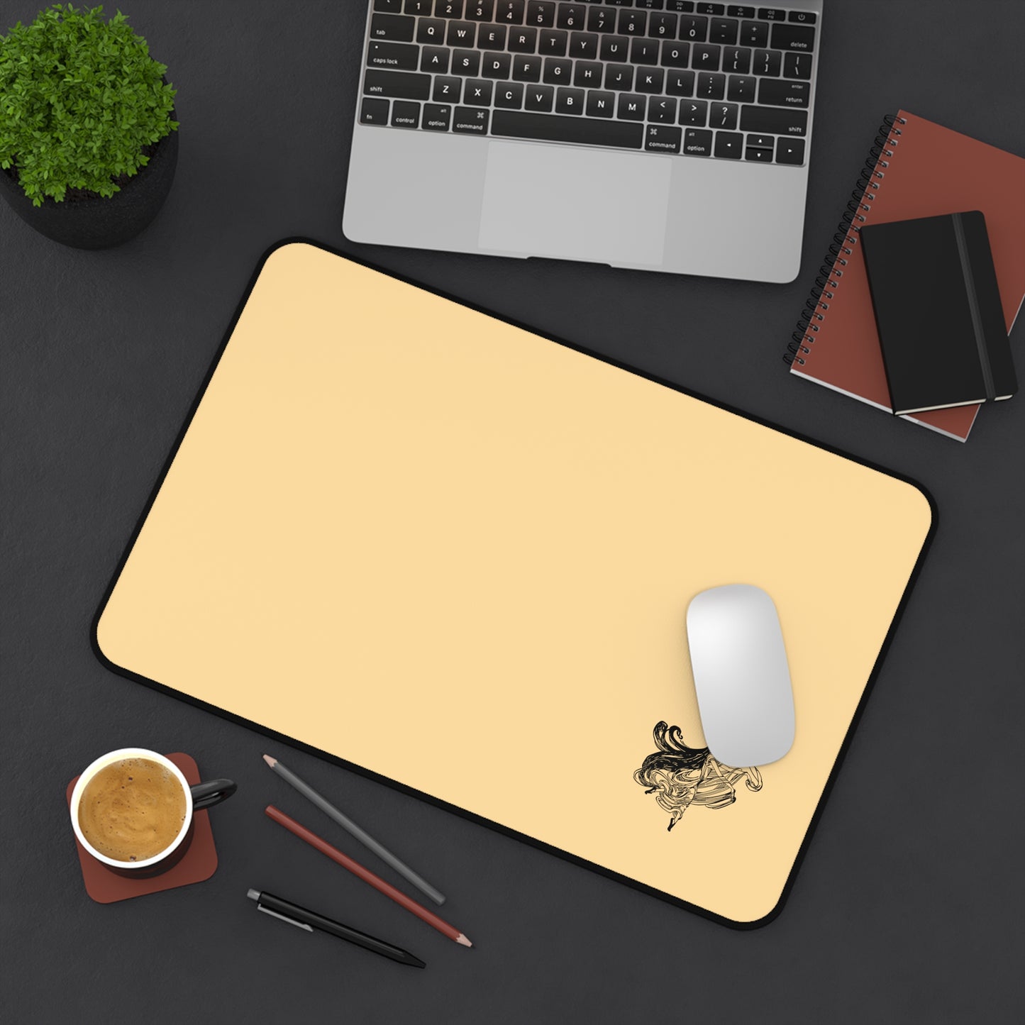 Elegant Black Desk Mat with Dancing Artistic Design