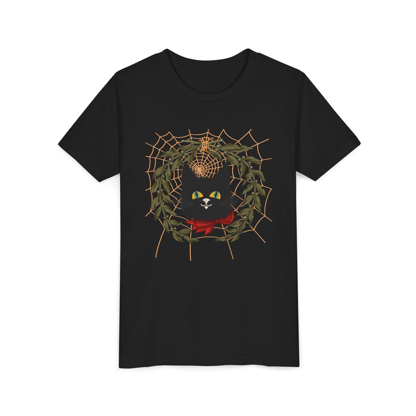 Youth Tee — Black Cat Wreath Holiday Shirt