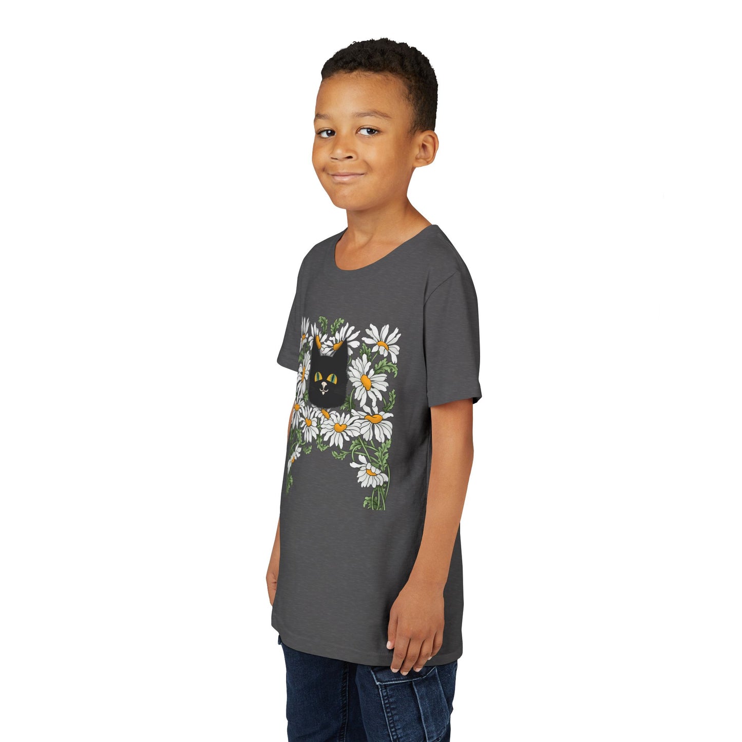 Daisies floral Youth Tee — Black Cat in Daisy Wreath Graphic