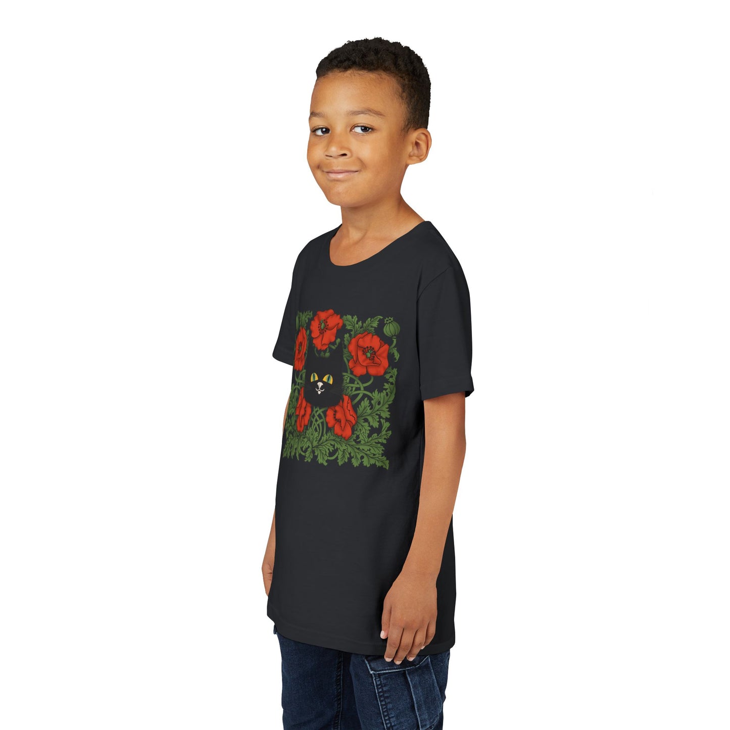 Black Cat Poppies Floral Youth Tee — Black Cat with Red Poppies Kids Shirt