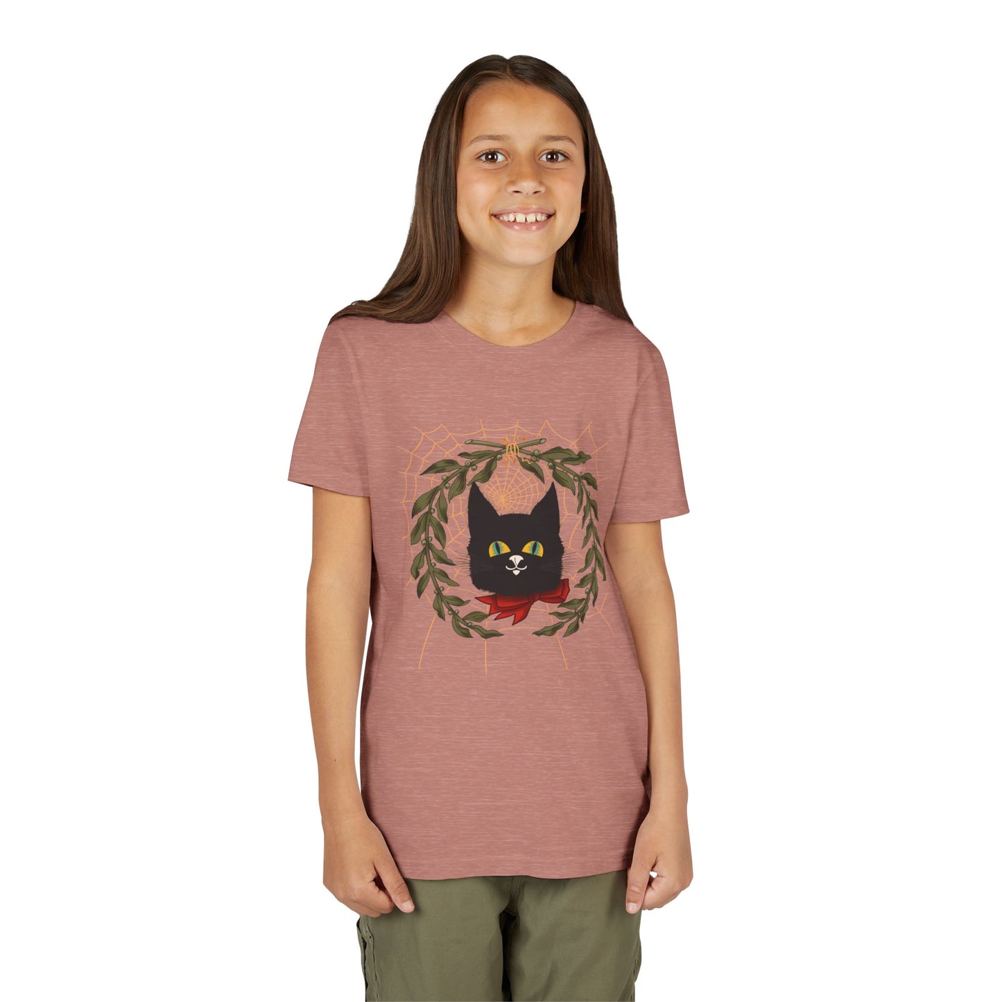 Youth Tee — Black Cat Wreath Holiday Shirt