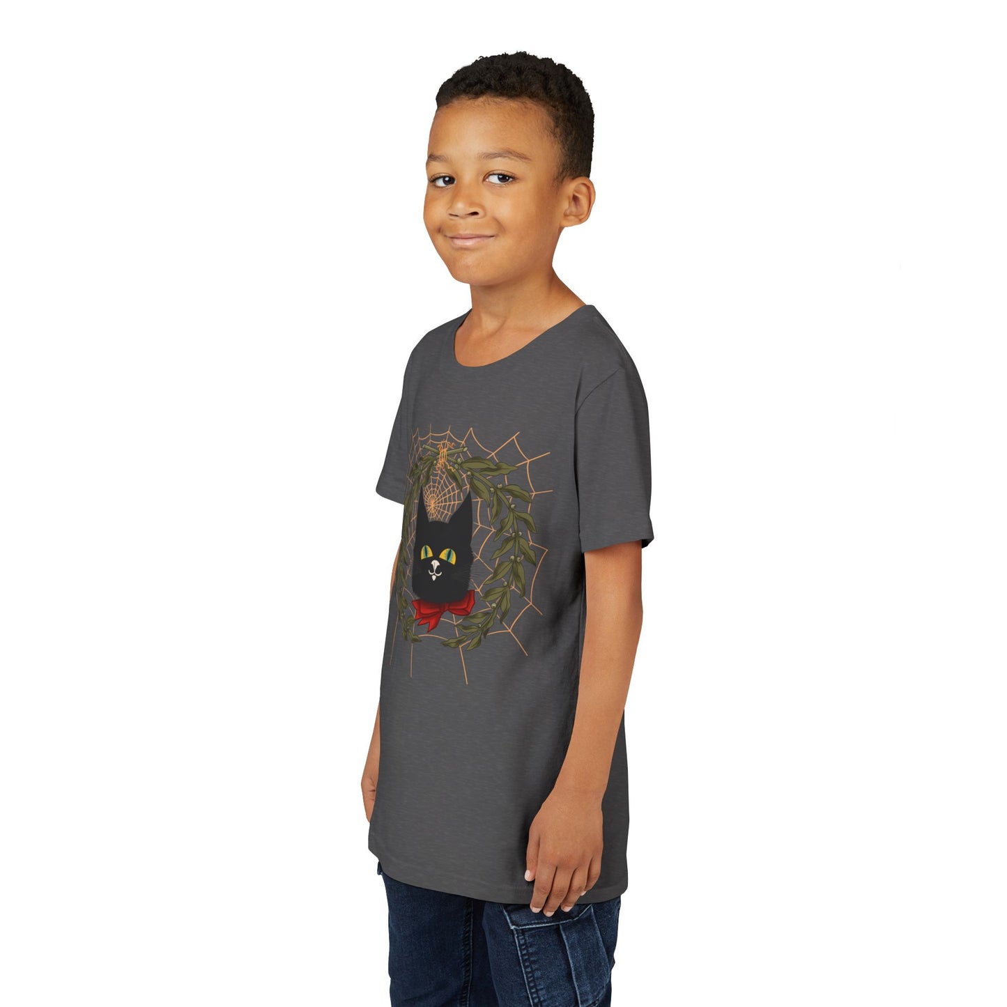 Youth Tee — Black Cat Wreath Holiday Shirt