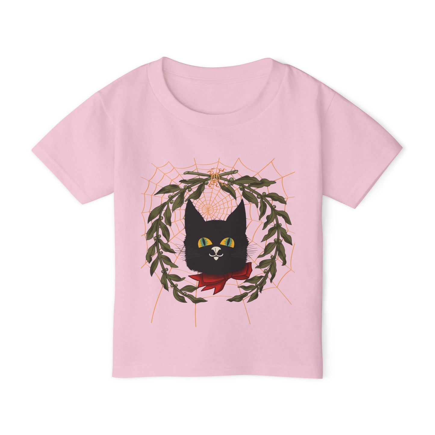 Toddler T‑Shirt — Black Cat Wreath with Web Tee (Cute Halloween)
