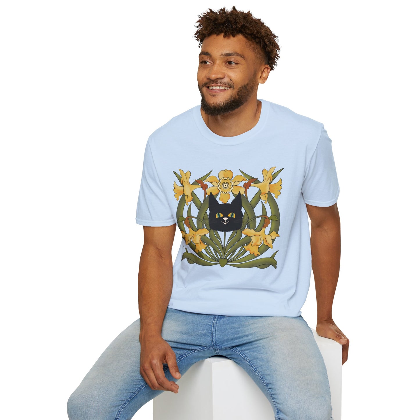 Daffodil Black Cat T‑Shirt — Retro Floral Cat Tee