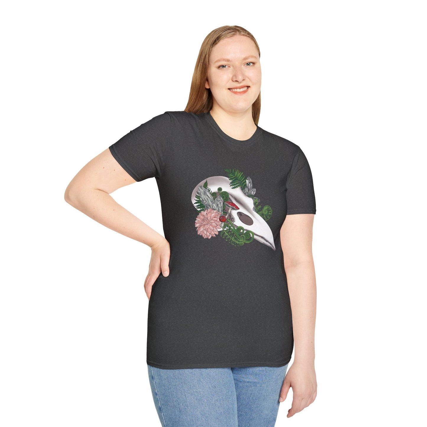 Bohemian Skull Floral T-Shirt, Unisex Softstyle Tee, Casual Wear, Nature Lover Gift, Unique Graphic Tee, Eco-Friendly Shirt