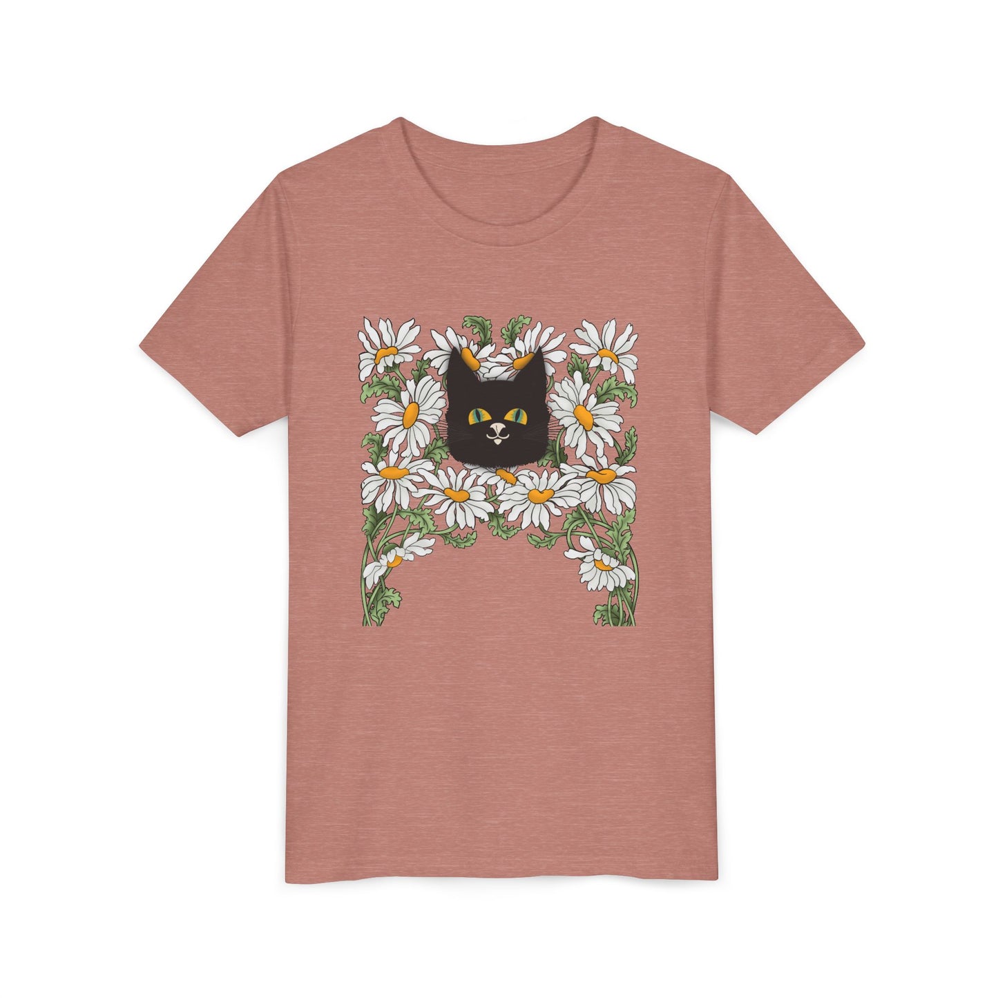 Daisies floral Youth Tee — Black Cat in Daisy Wreath Graphic