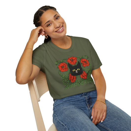 Black Cat & Red Poppies T-Shirt