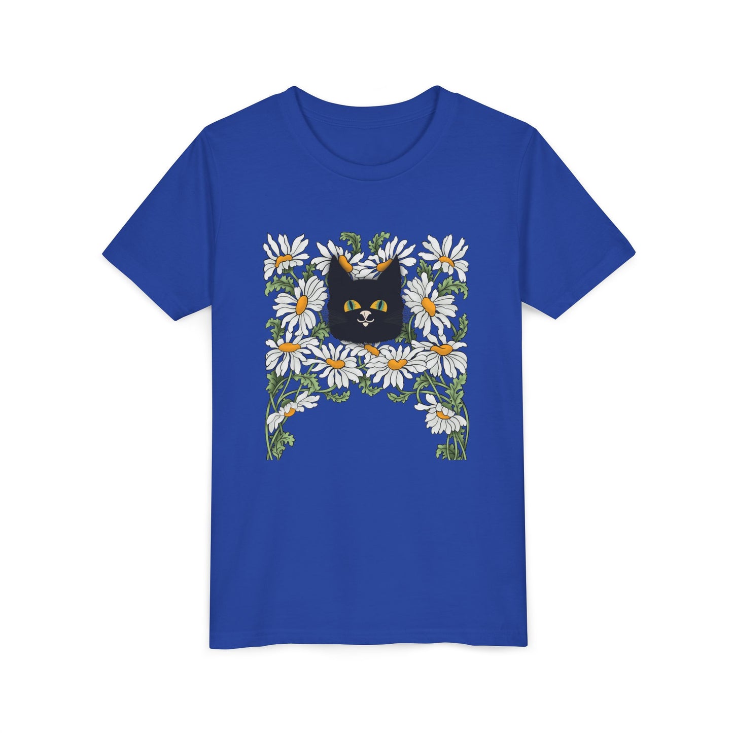 Daisies floral Youth Tee — Black Cat in Daisy Wreath Graphic