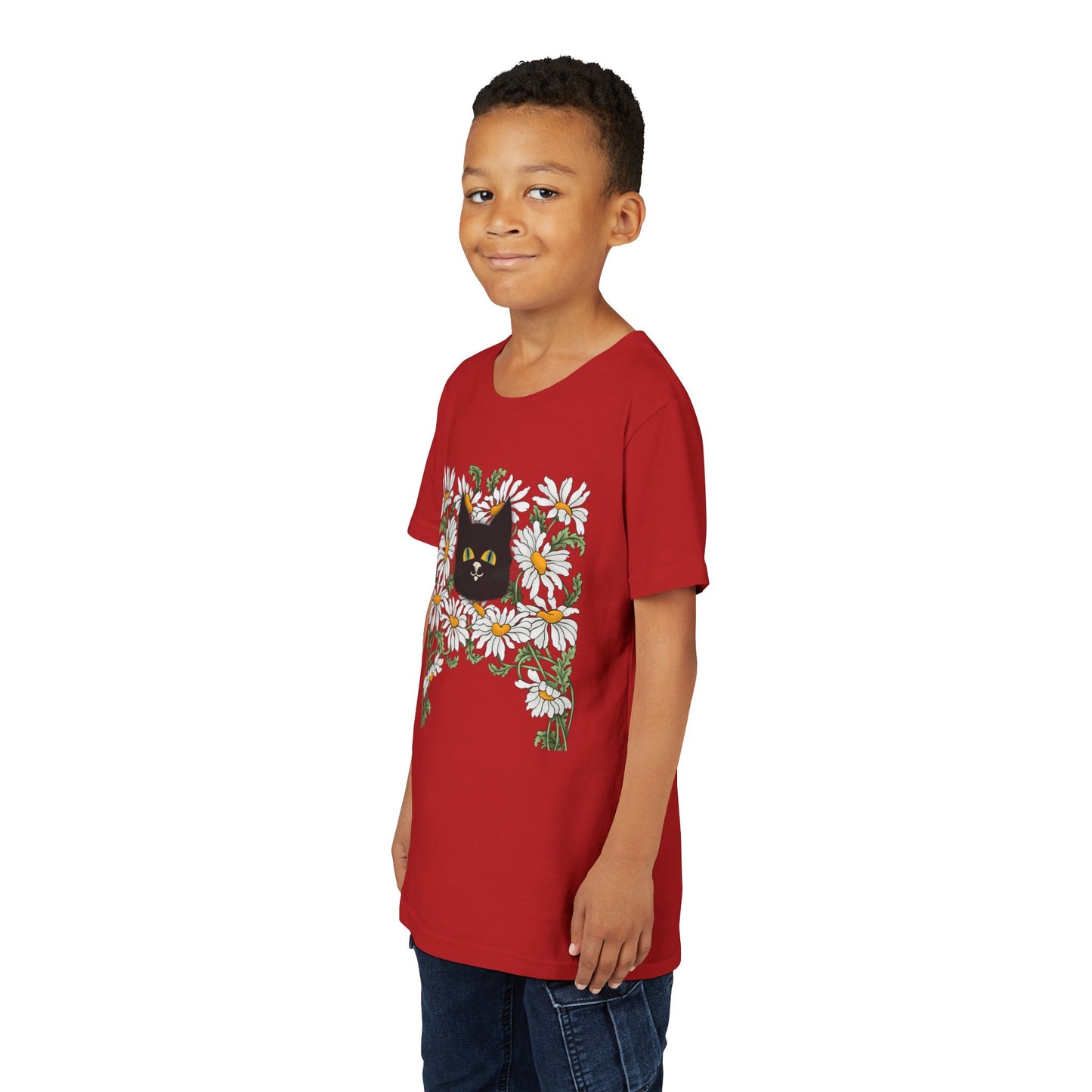 Daisies floral Youth Tee — Black Cat in Daisy Wreath Graphic