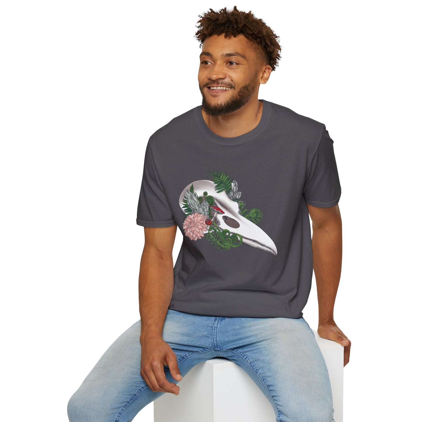Bohemian Skull Floral T-Shirt, Unisex Softstyle Tee, Casual Wear, Nature Lover Gift, Unique Graphic Tee, Eco-Friendly Shirt