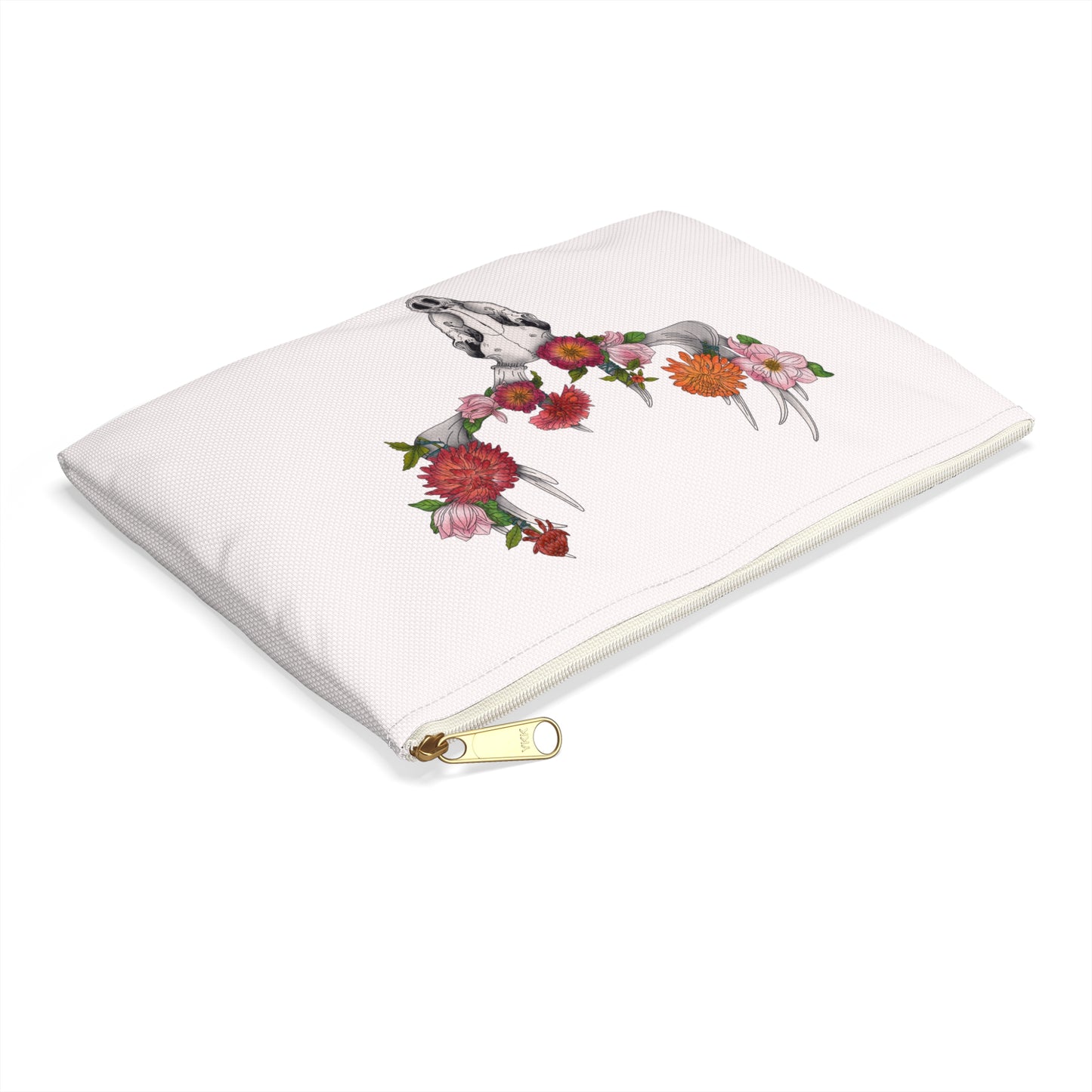 Floral Skull Accessory Pouch - Boho Chic Bag for Makeup, Travel, or Organization, Perfect Gift for Nature Lovers & Festivals