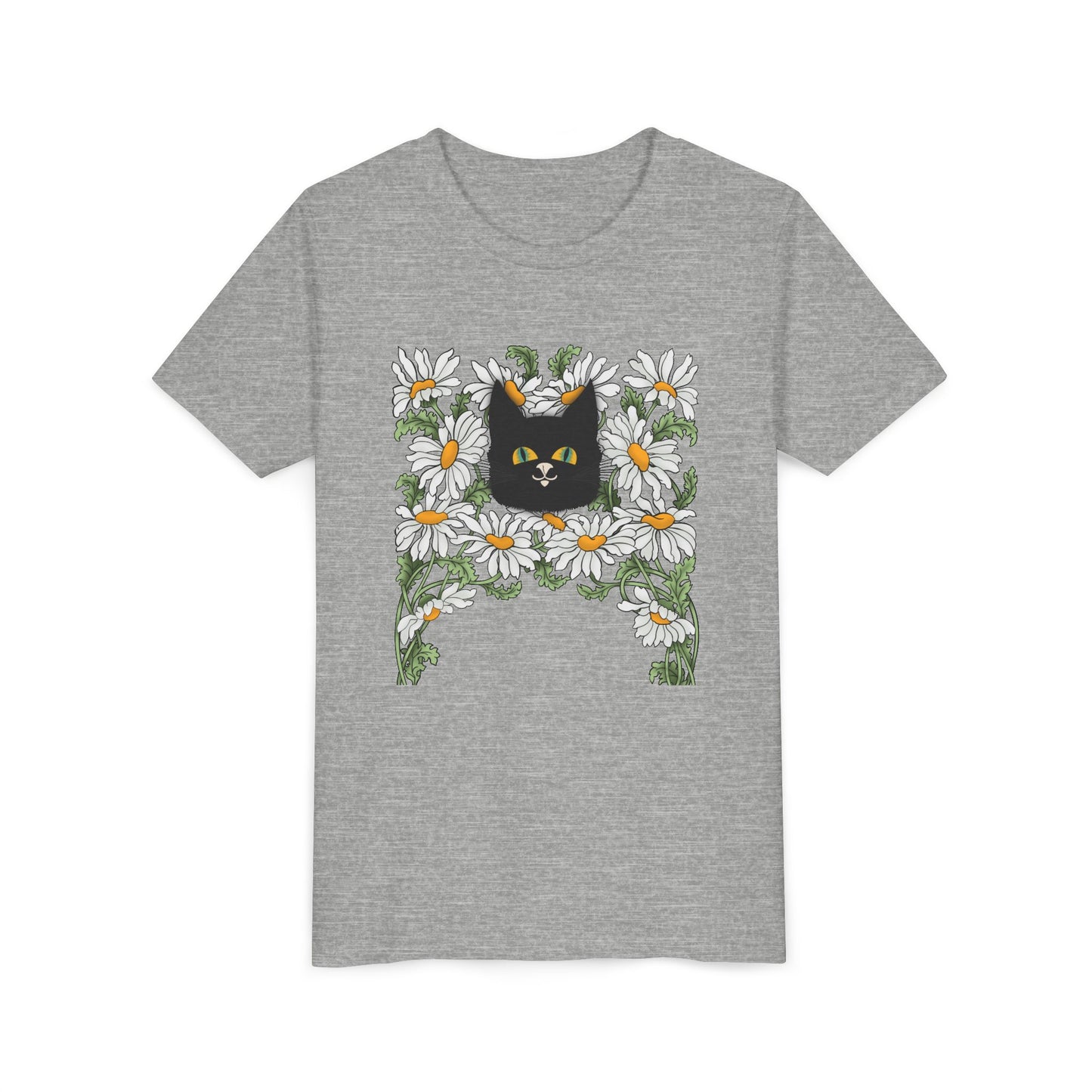 Daisies floral Youth Tee — Black Cat in Daisy Wreath Graphic