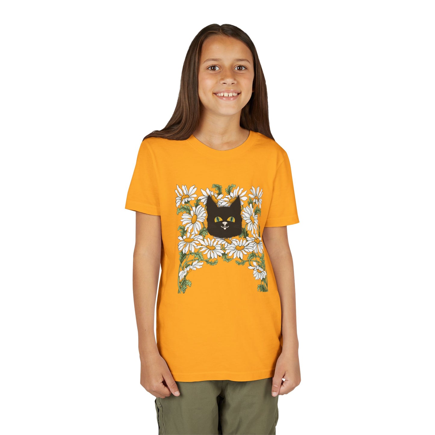 Daisies floral Youth Tee — Black Cat in Daisy Wreath Graphic