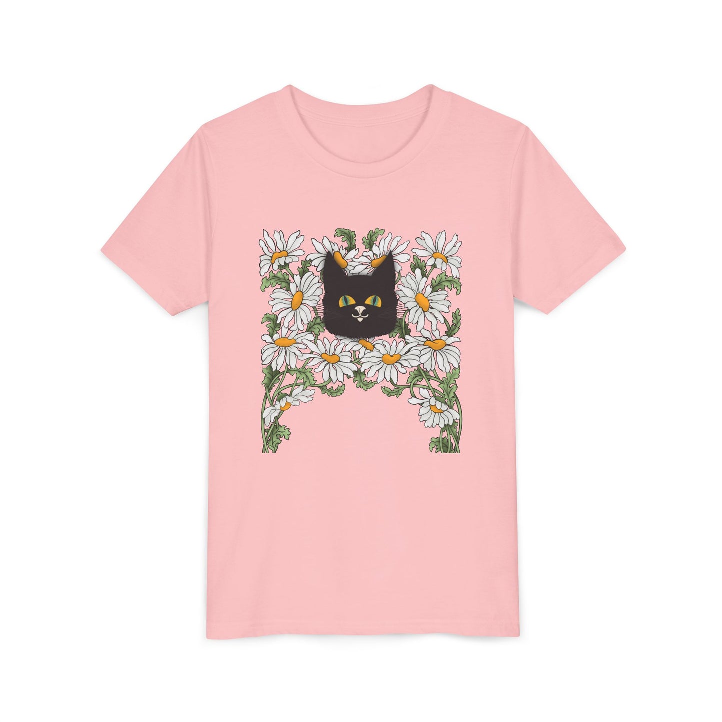 Daisies floral Youth Tee — Black Cat in Daisy Wreath Graphic