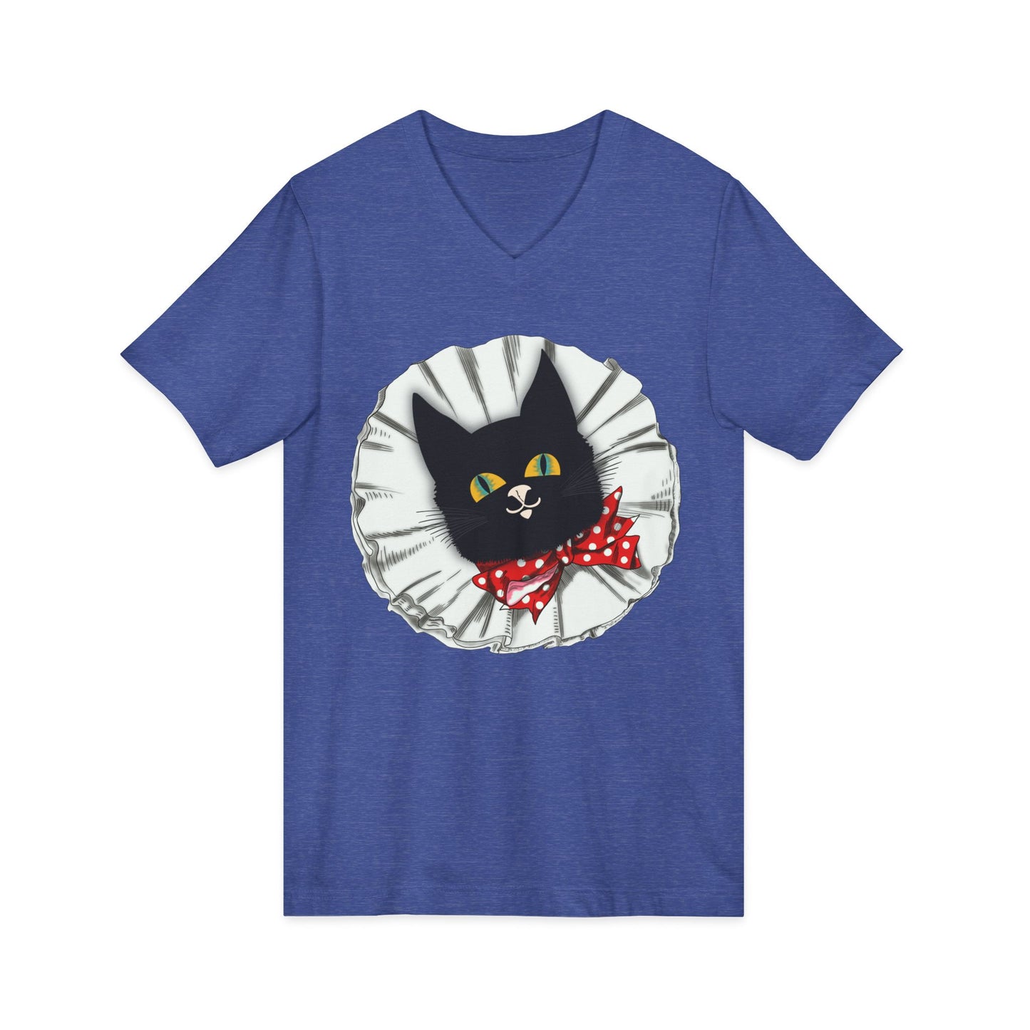 Vintage Black Cat Tee — Cute Cat Face with Red Polka Dot Bow V-Neck T-Shirt