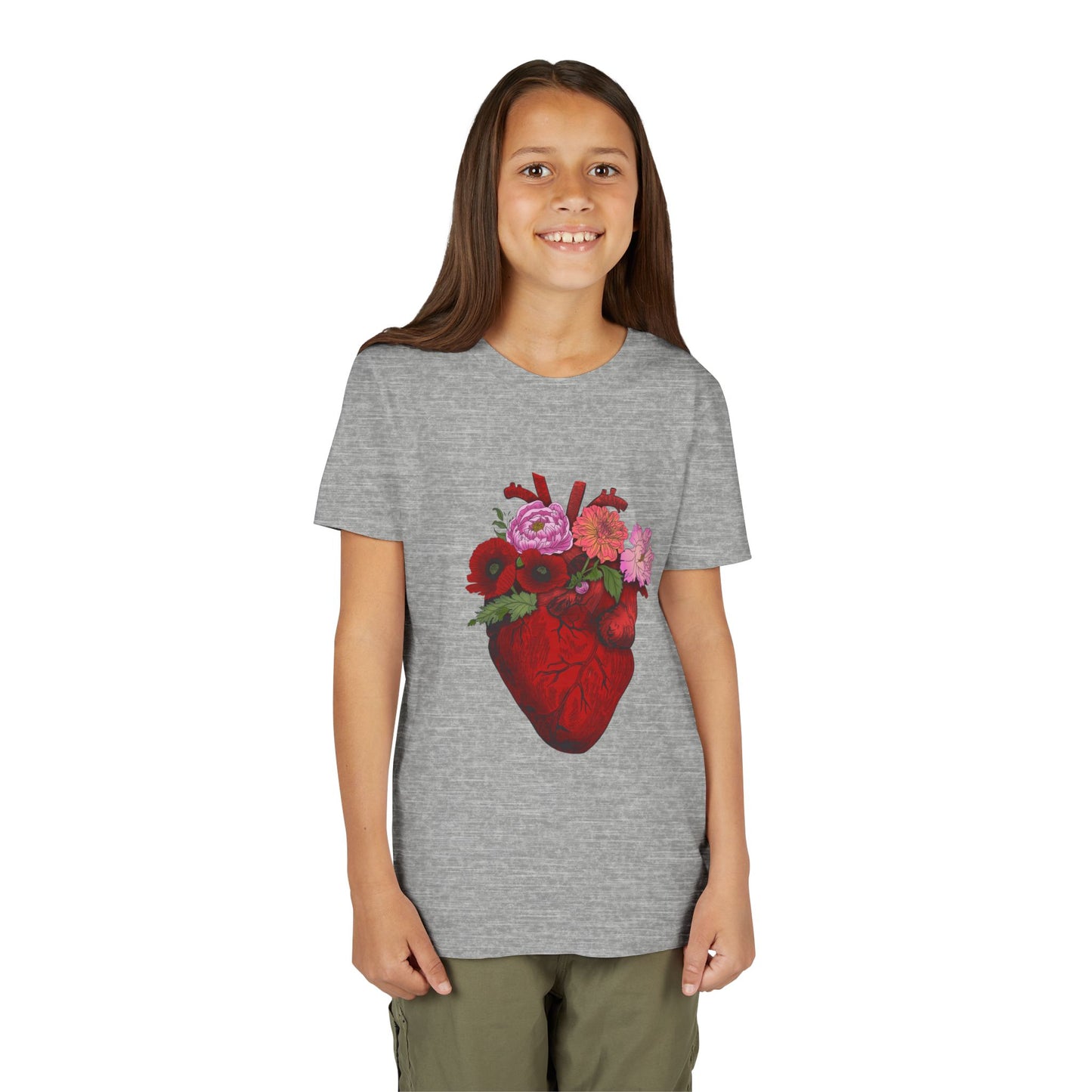 Floral Heart Youth Tee — Floral Anatomical Heart Graphic Kids T-Shirt