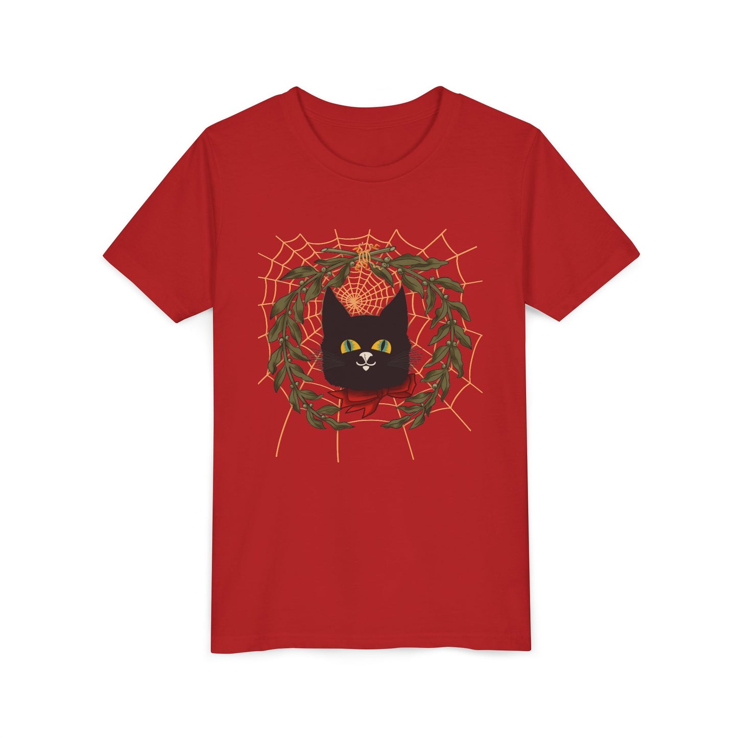 Youth Tee — Black Cat Wreath Holiday Shirt