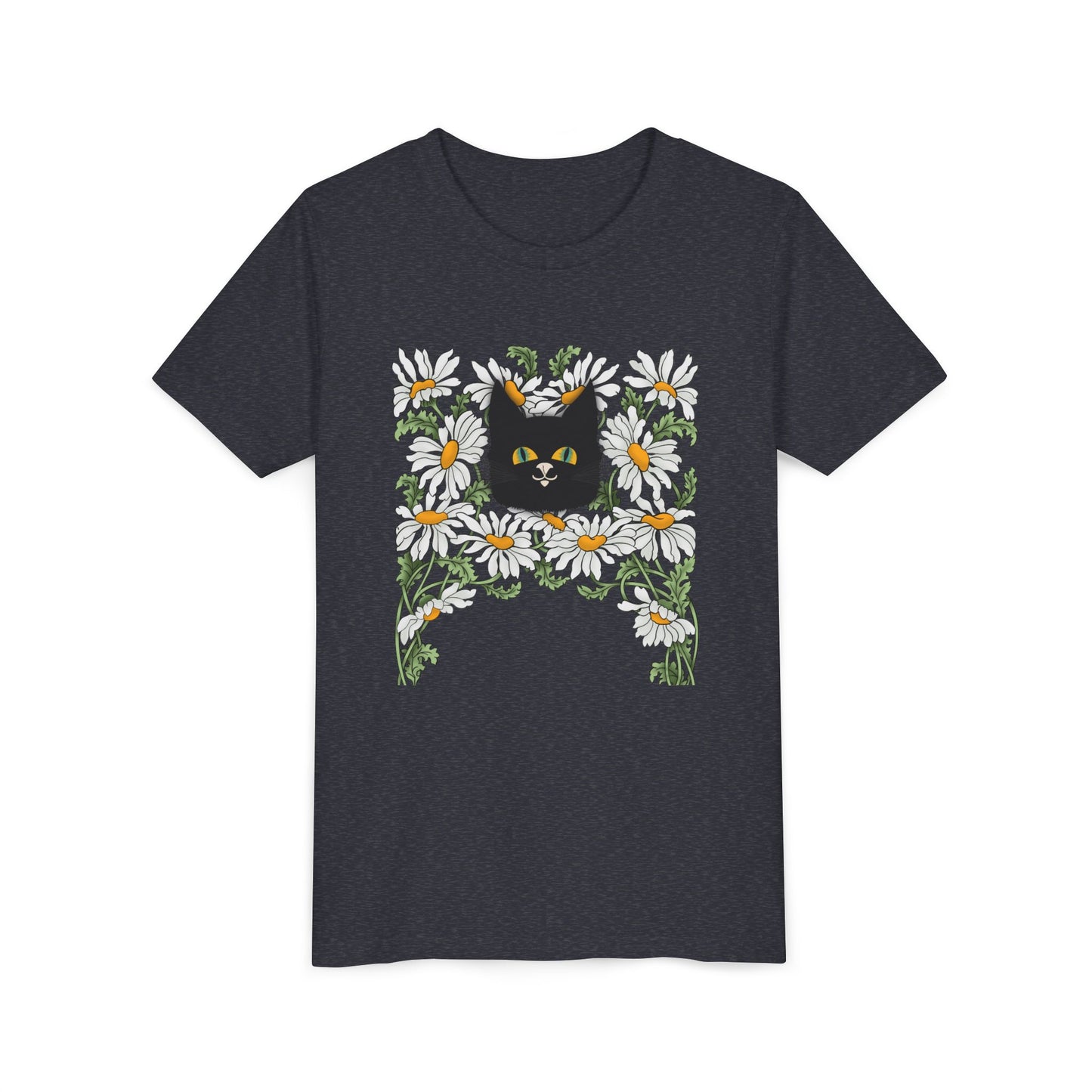 Daisies floral Youth Tee — Black Cat in Daisy Wreath Graphic
