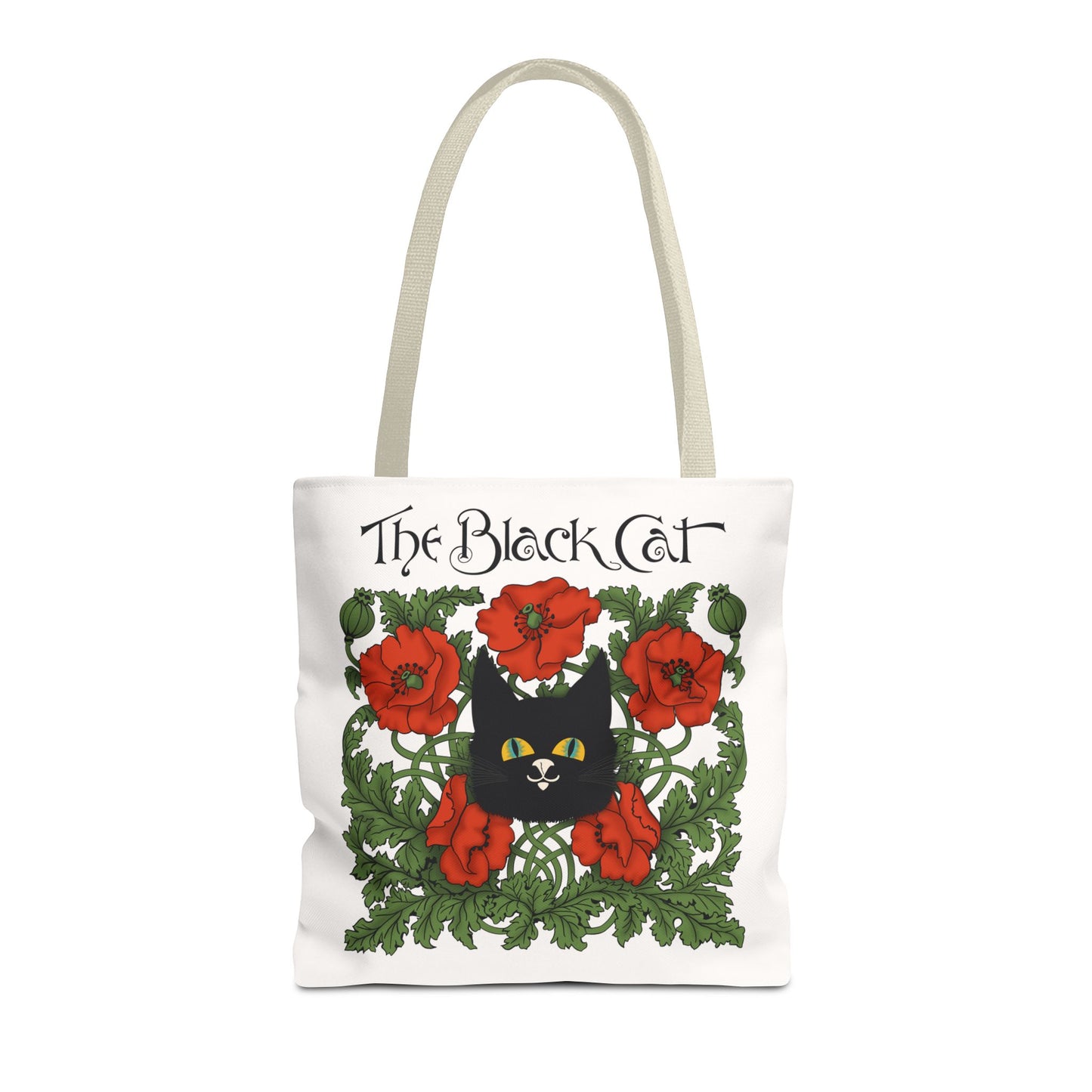 The Black Cat Poppies Tote Bag — Vintage Floral Cat Art Tote