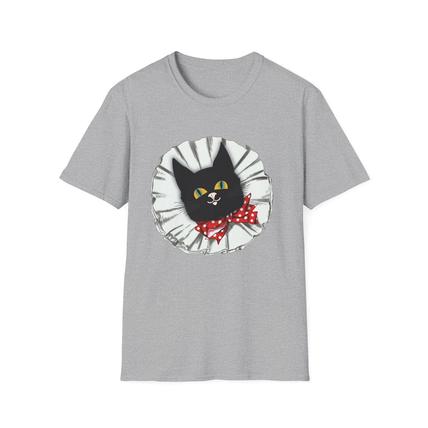 Black Cat Clown Portrait T‑Shirt — Cute Cat Face with Red Bow Graphic Tee