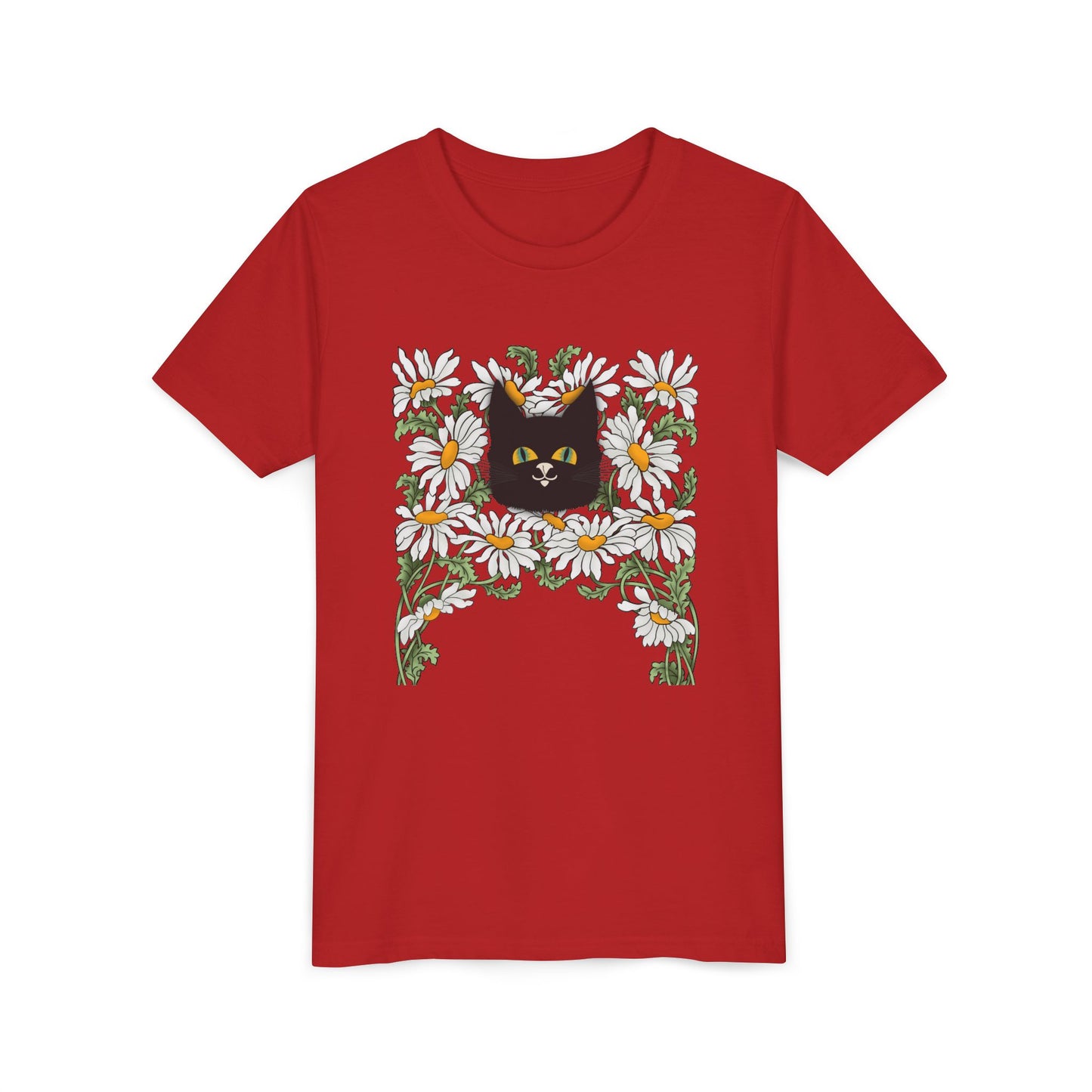 Daisies floral Youth Tee — Black Cat in Daisy Wreath Graphic