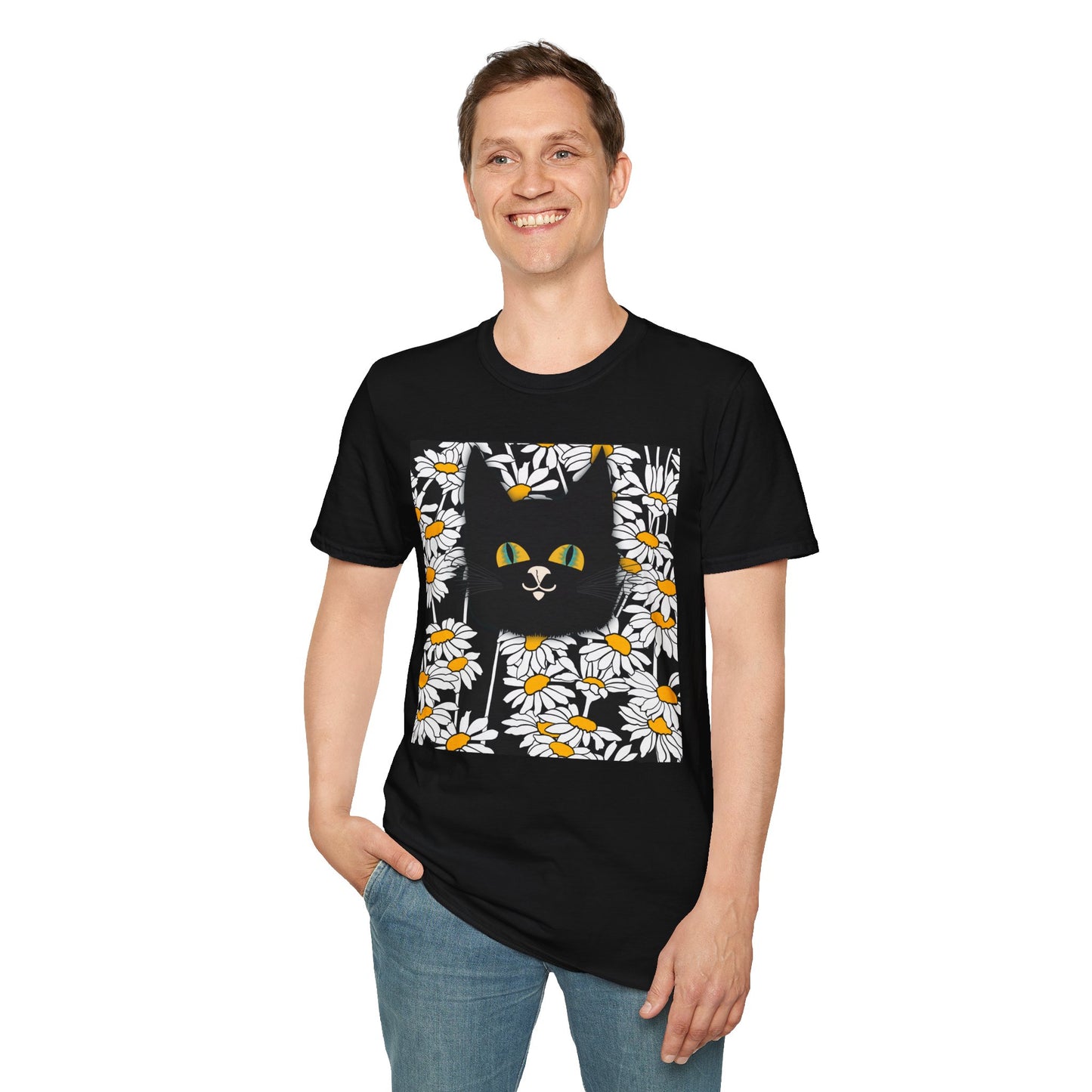 Black Cat Daisy T‑Shirt — Cute Floral Cat Graphic Tee
