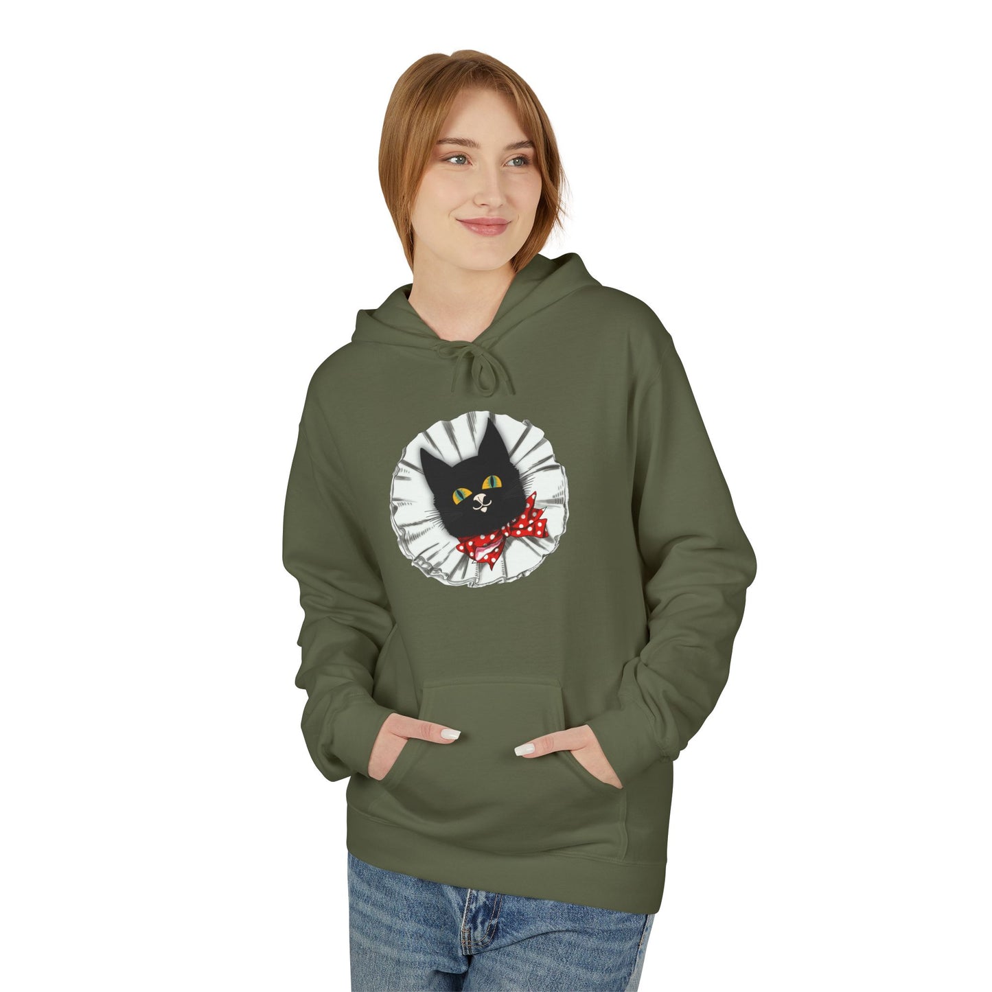 Black Cat Clown Hoodie — Cute Black Cat with Red Bow Music Lover Pullover