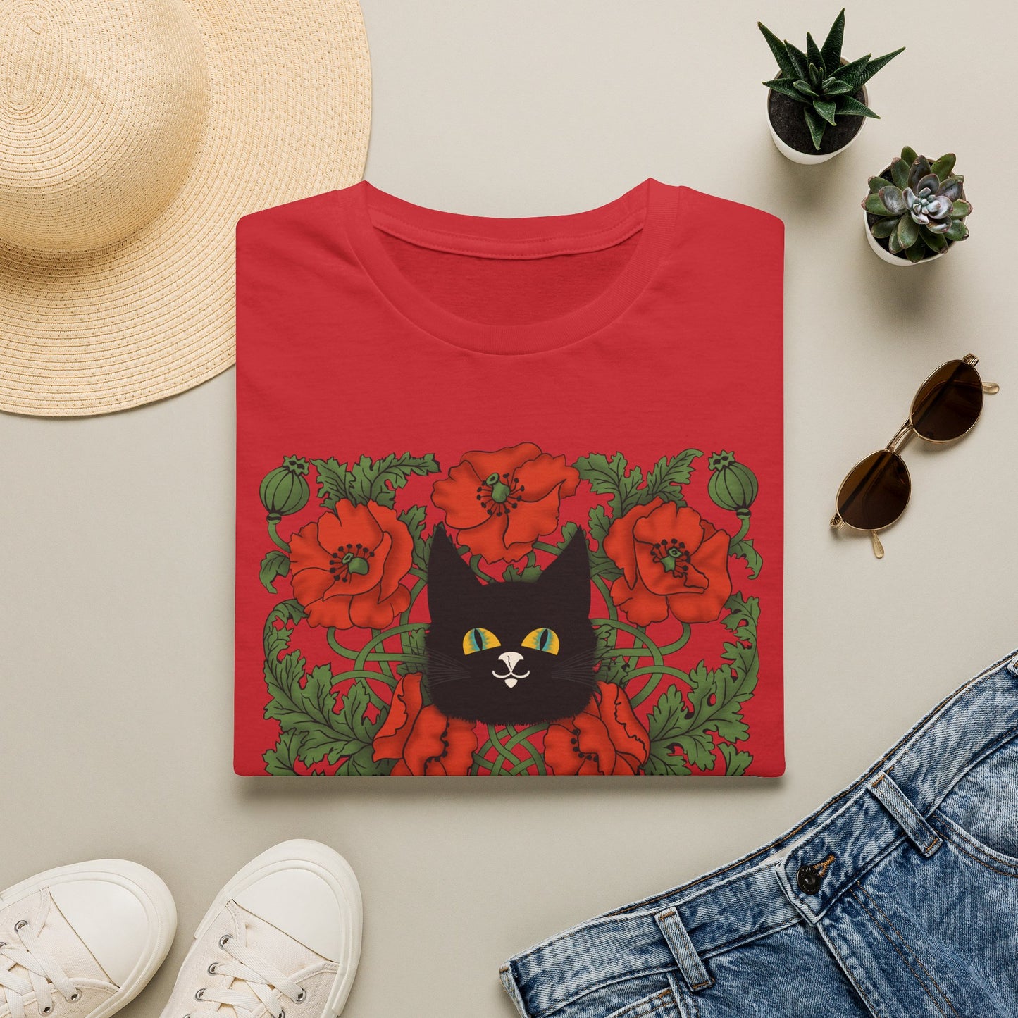 Black Cat & Red Poppies T-Shirt