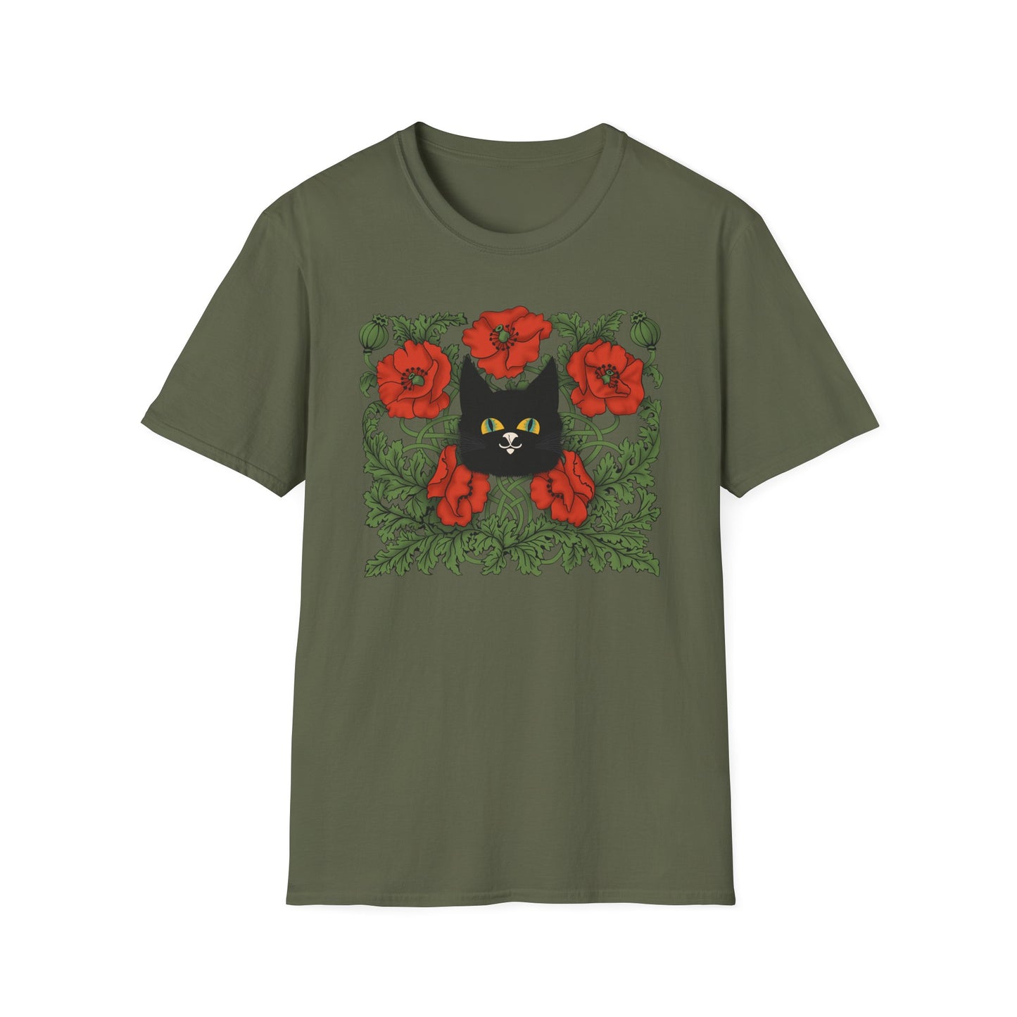 Black Cat & Red Poppies T-Shirt