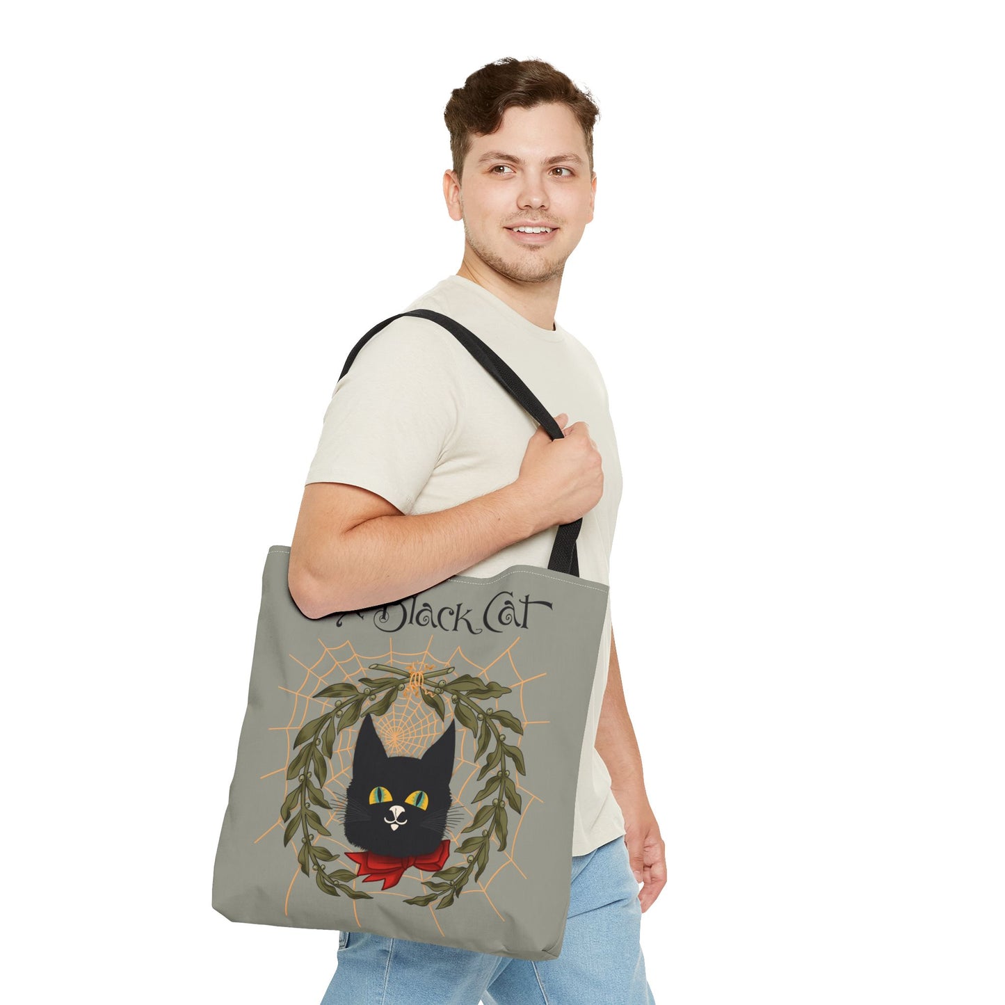 The Black Cat Web Tote Bag — Vintage Witchy Cat Holiday Grocery Tote